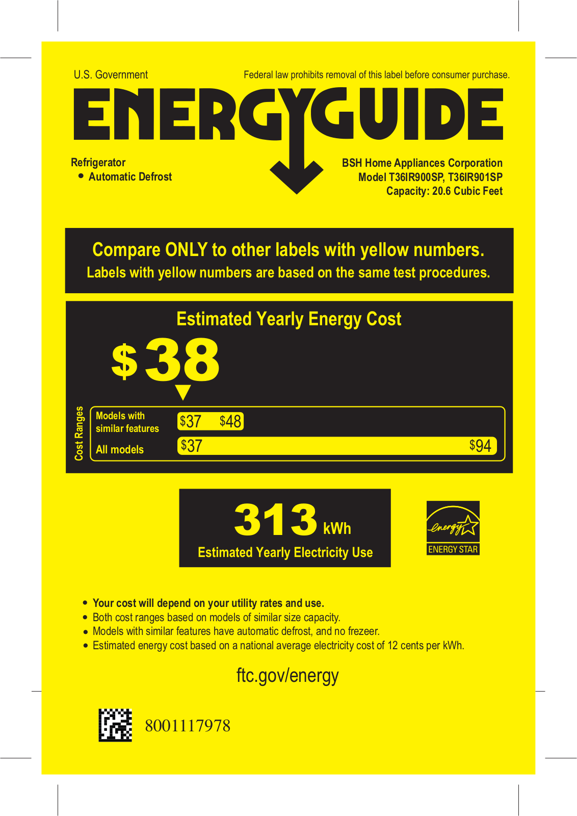 Thermador T36IR900SP Energy Guide