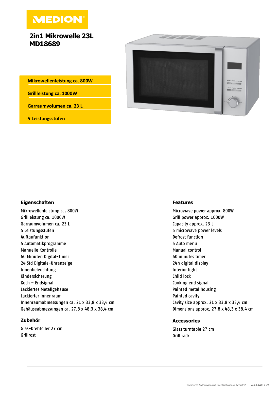 Medion MD 18689 Technical data