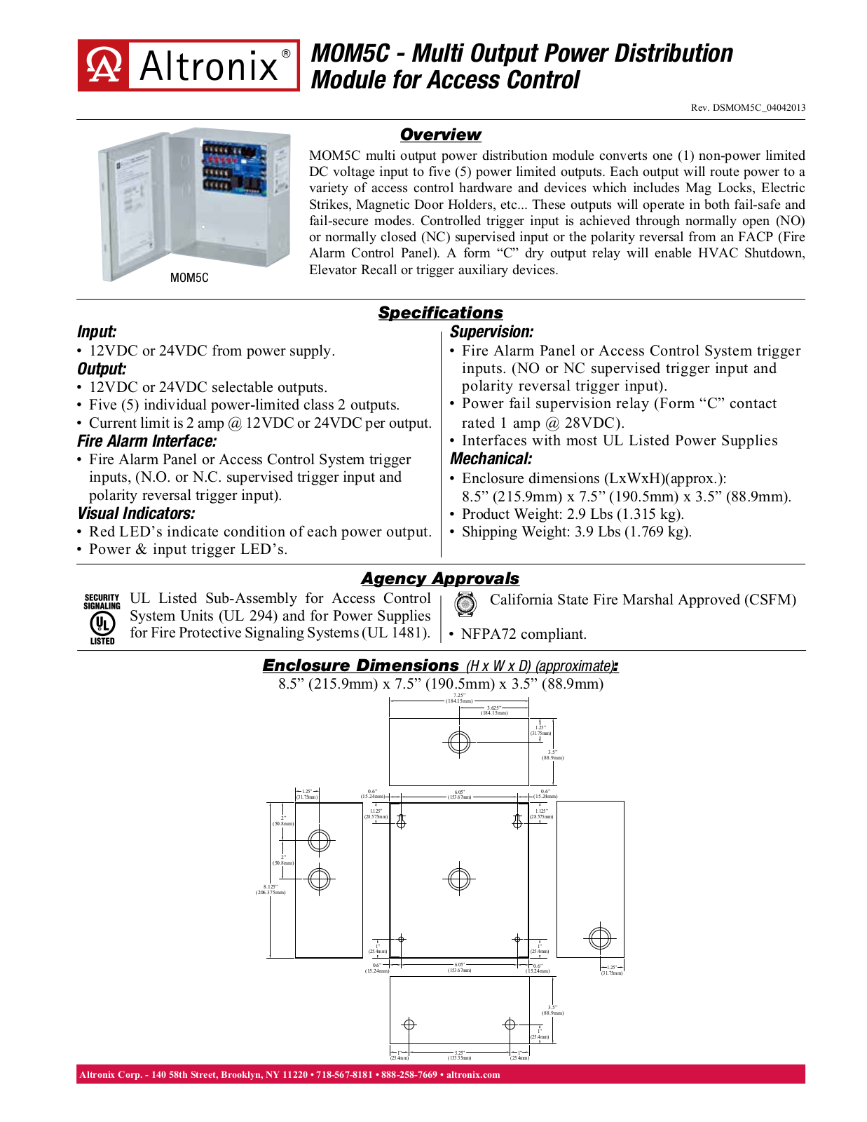 Altronix MOM5C Data Sheet