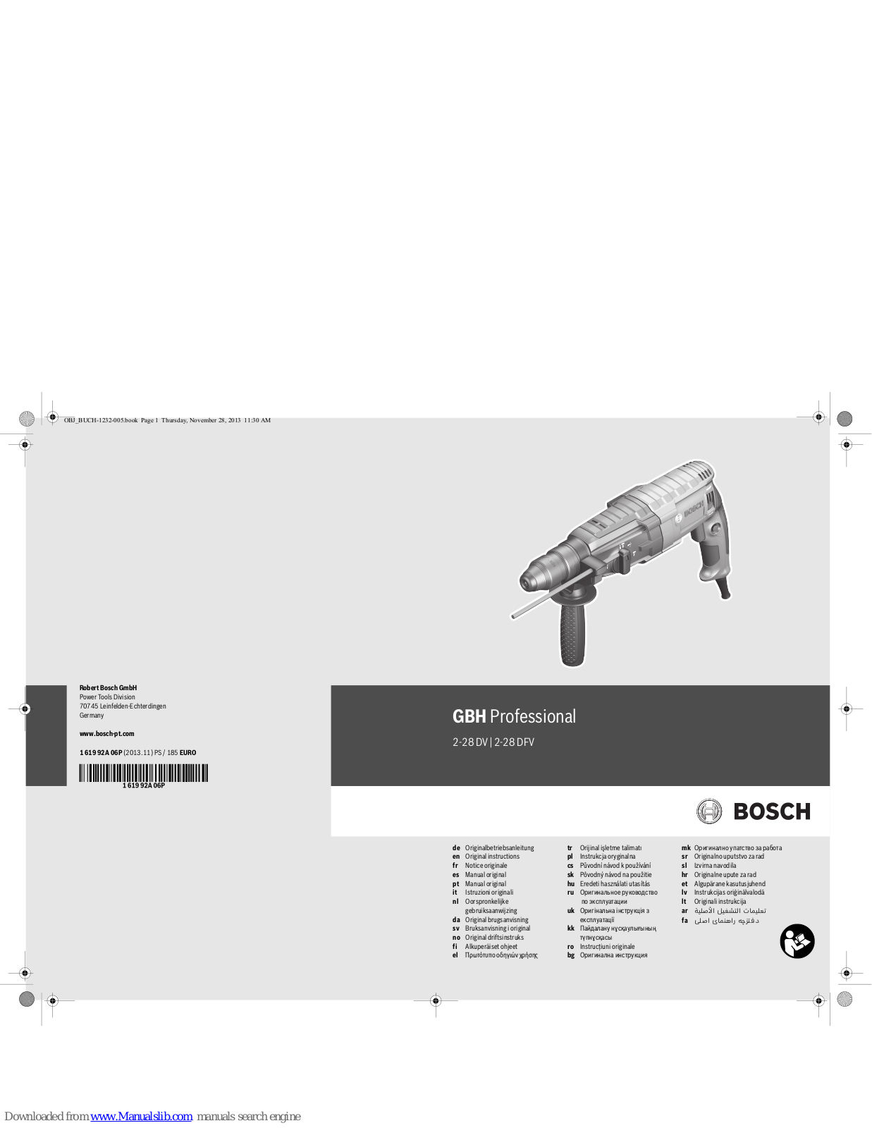 Bosch GBH Professional 2-28 DV, GBH Professional 2-28 DFV Original Instructions Manual