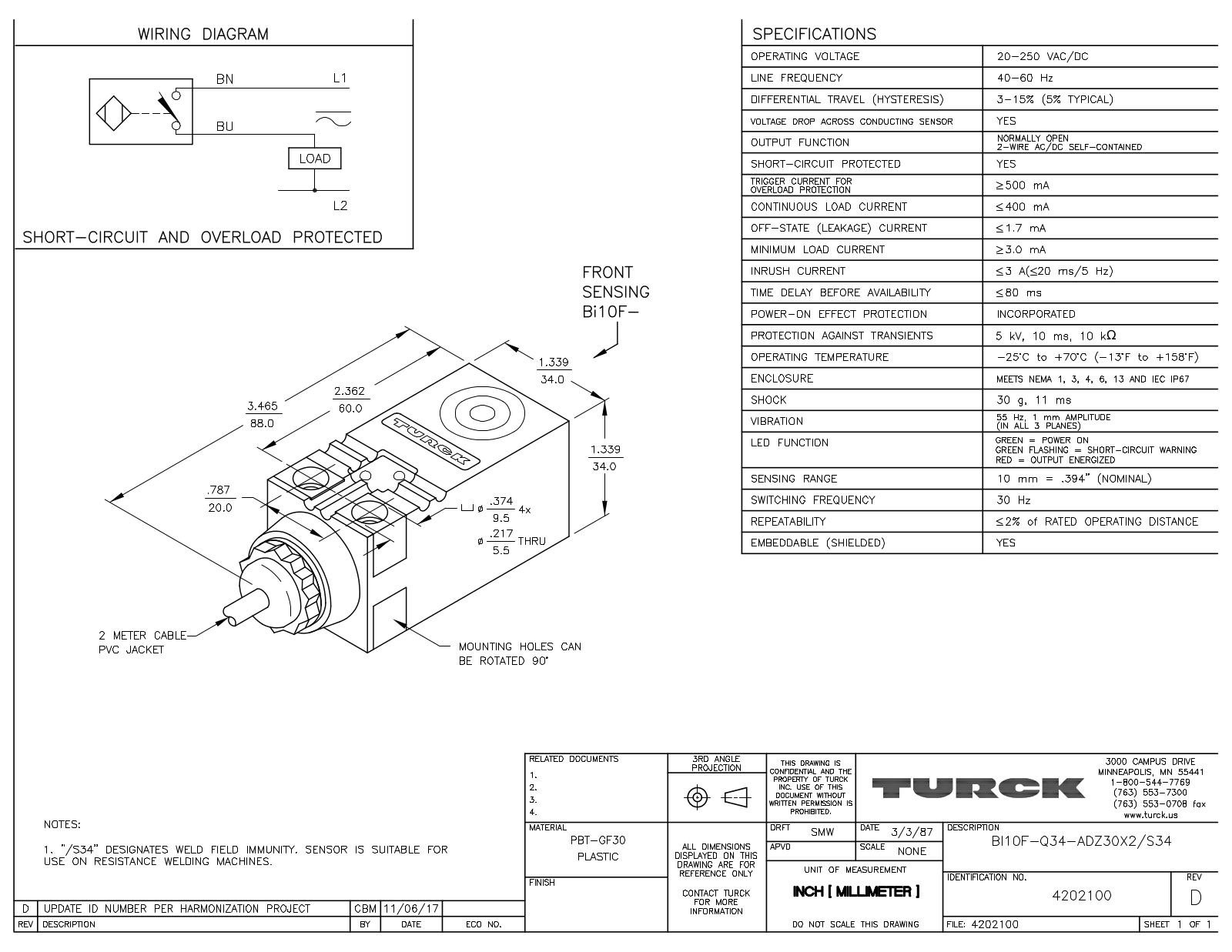 Turck BI10F-Q34-ADZ30X2/S34 Data Sheet