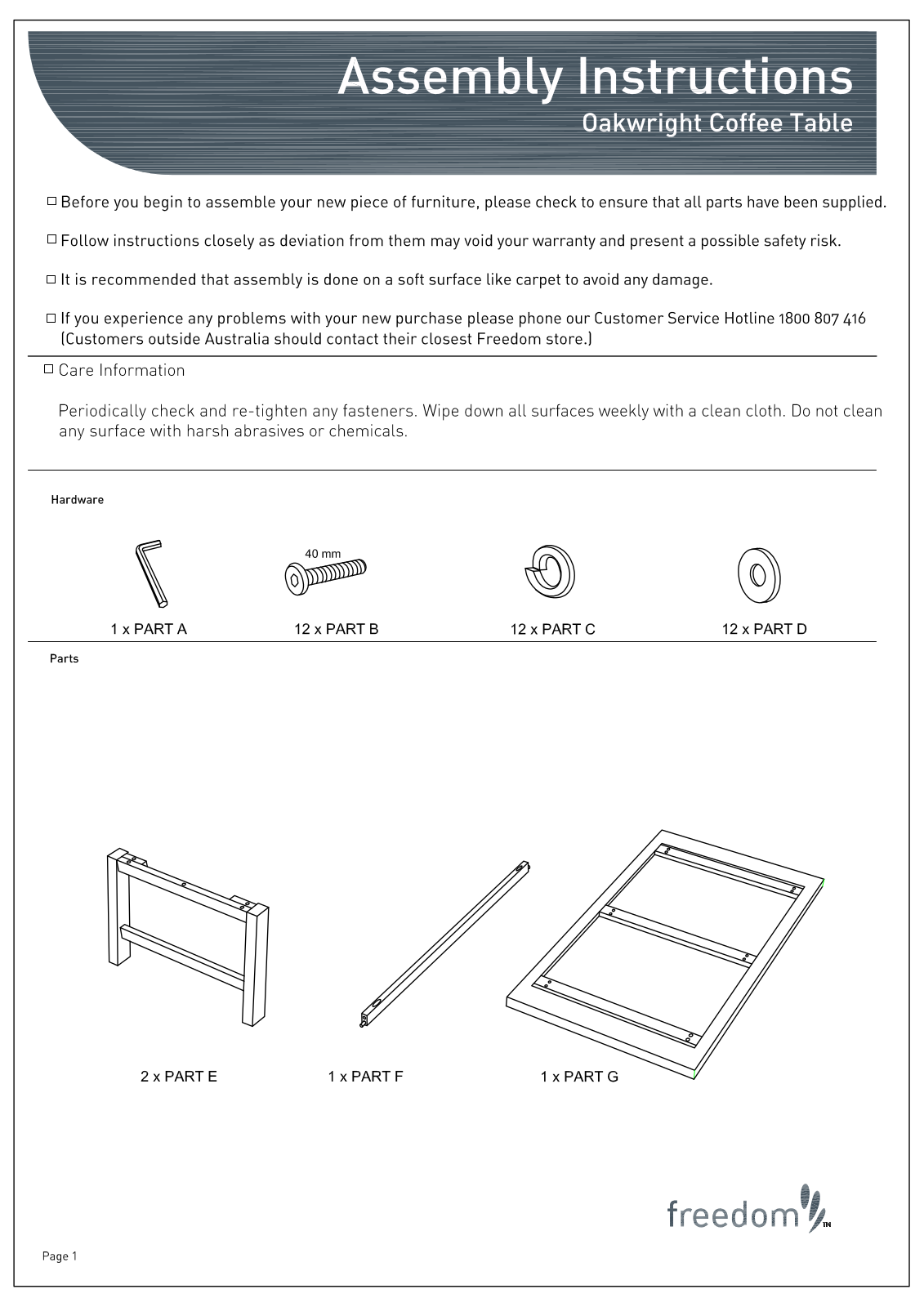 Freedom Oakwright Coffee Table Assembly Instruction