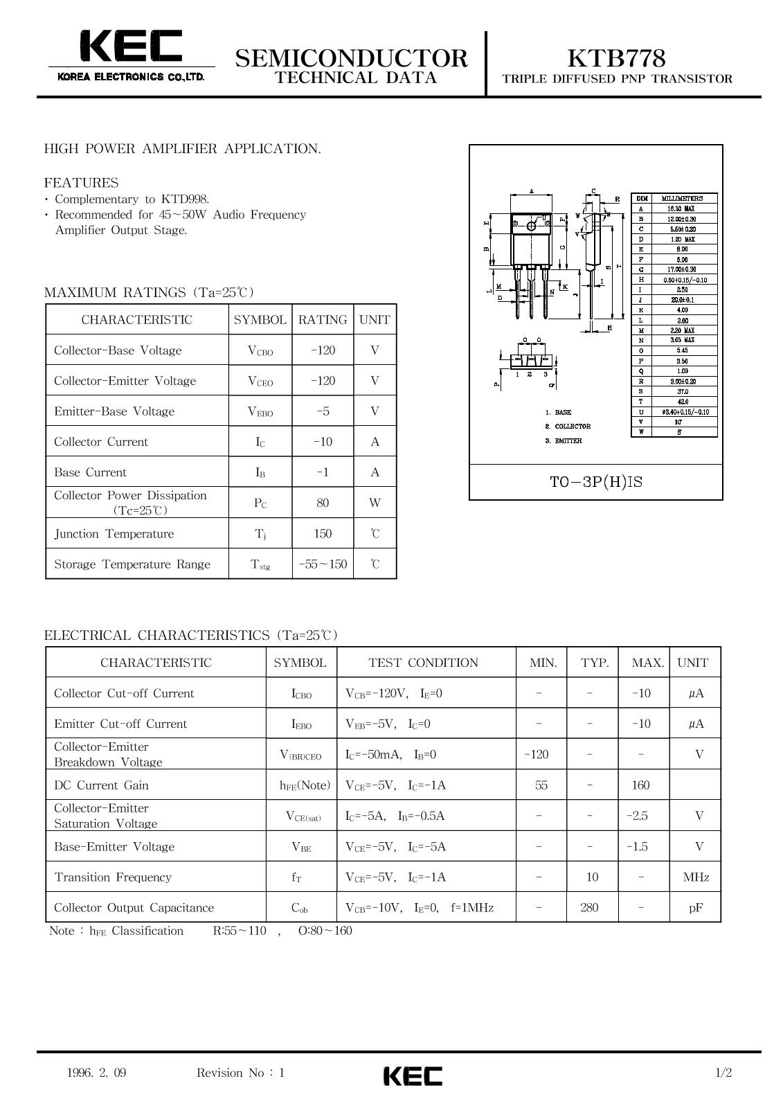 KEC KTB778 Datasheet