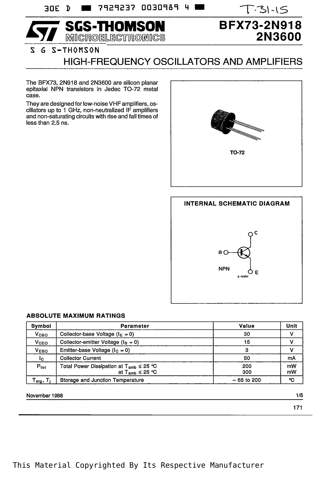 SGS Thomson Microelectronics 2N918 Datasheet