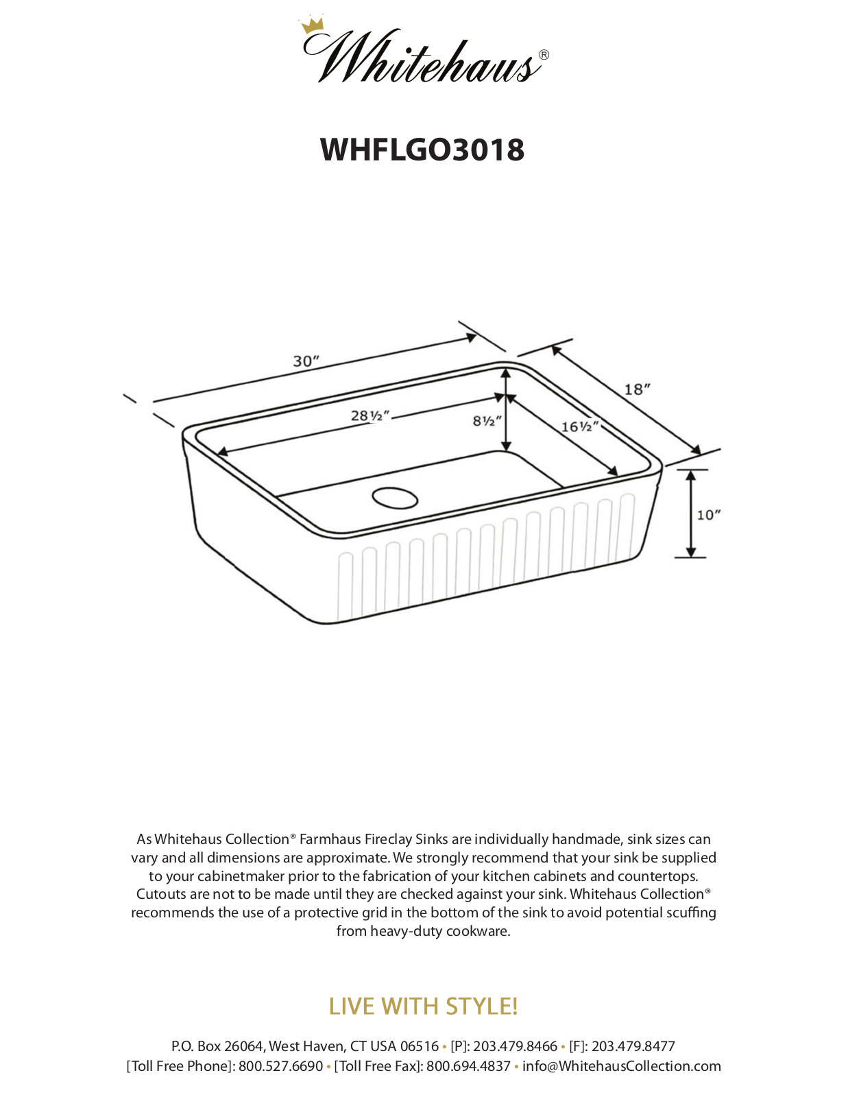 Whitehaus WHFLGO3018WHITE Specifications