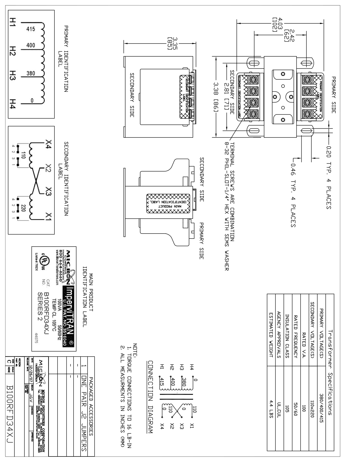 Micron Industries B100RFD34RJ Specification Sheet