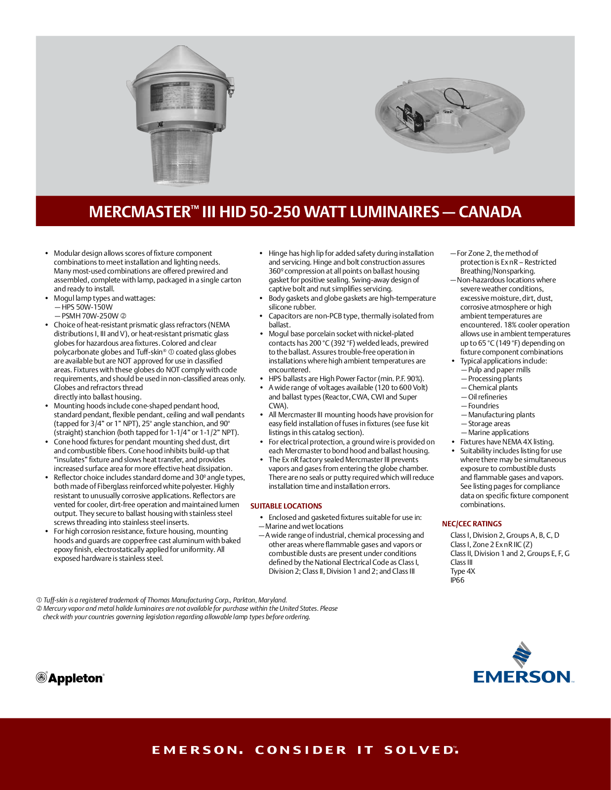 Appleton Mercmaster™ III HID 50-250 Watt Luminaires — canada Data Sheet