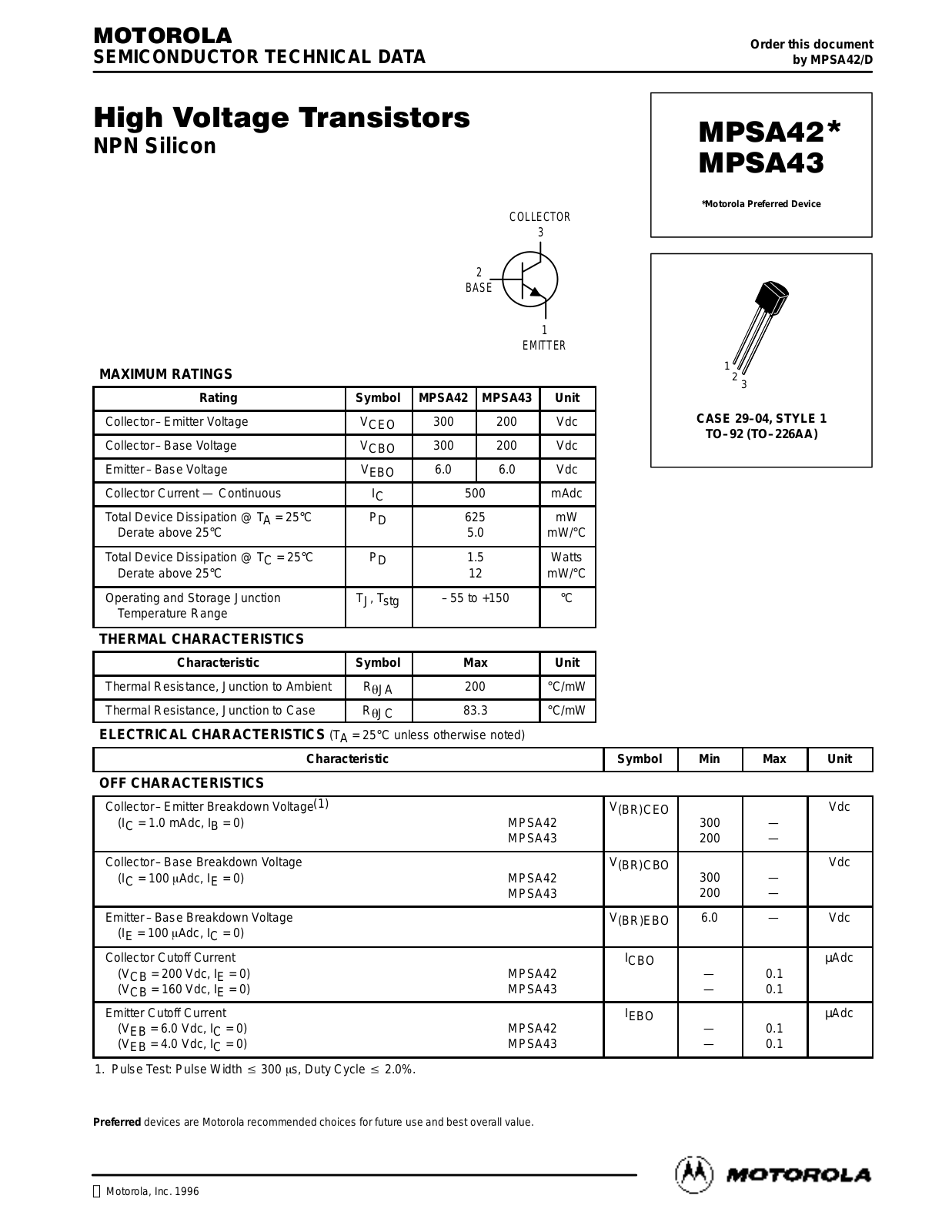 Motorola MPSA43, MPSA42 Datasheet