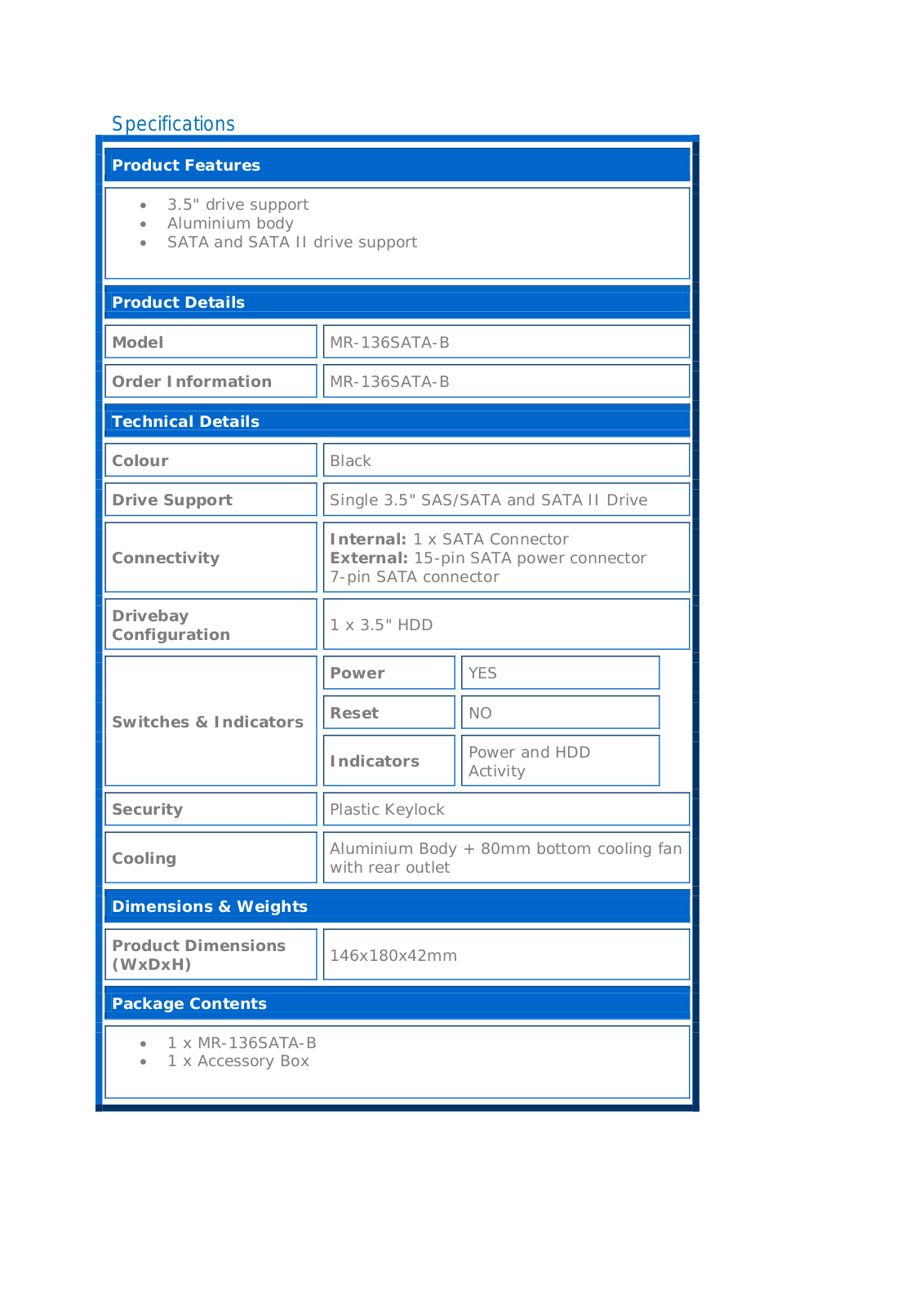 Origin MR-136SATA-B Product Data Sheet - ManualMachine.com