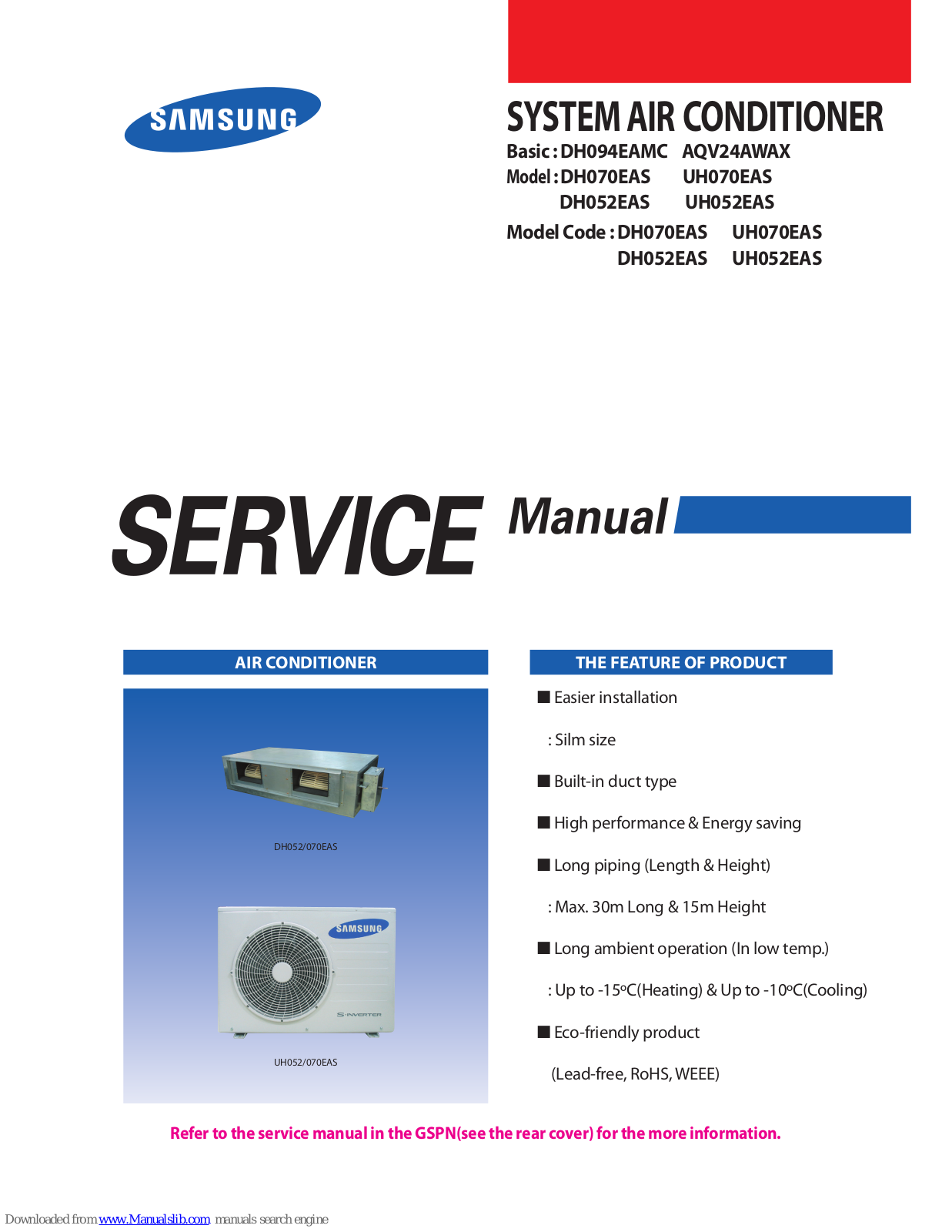 Samsung DH094EAMC, AQV24AWAX, DH070EAS, UH070EAS, DH052EAS Service Manual