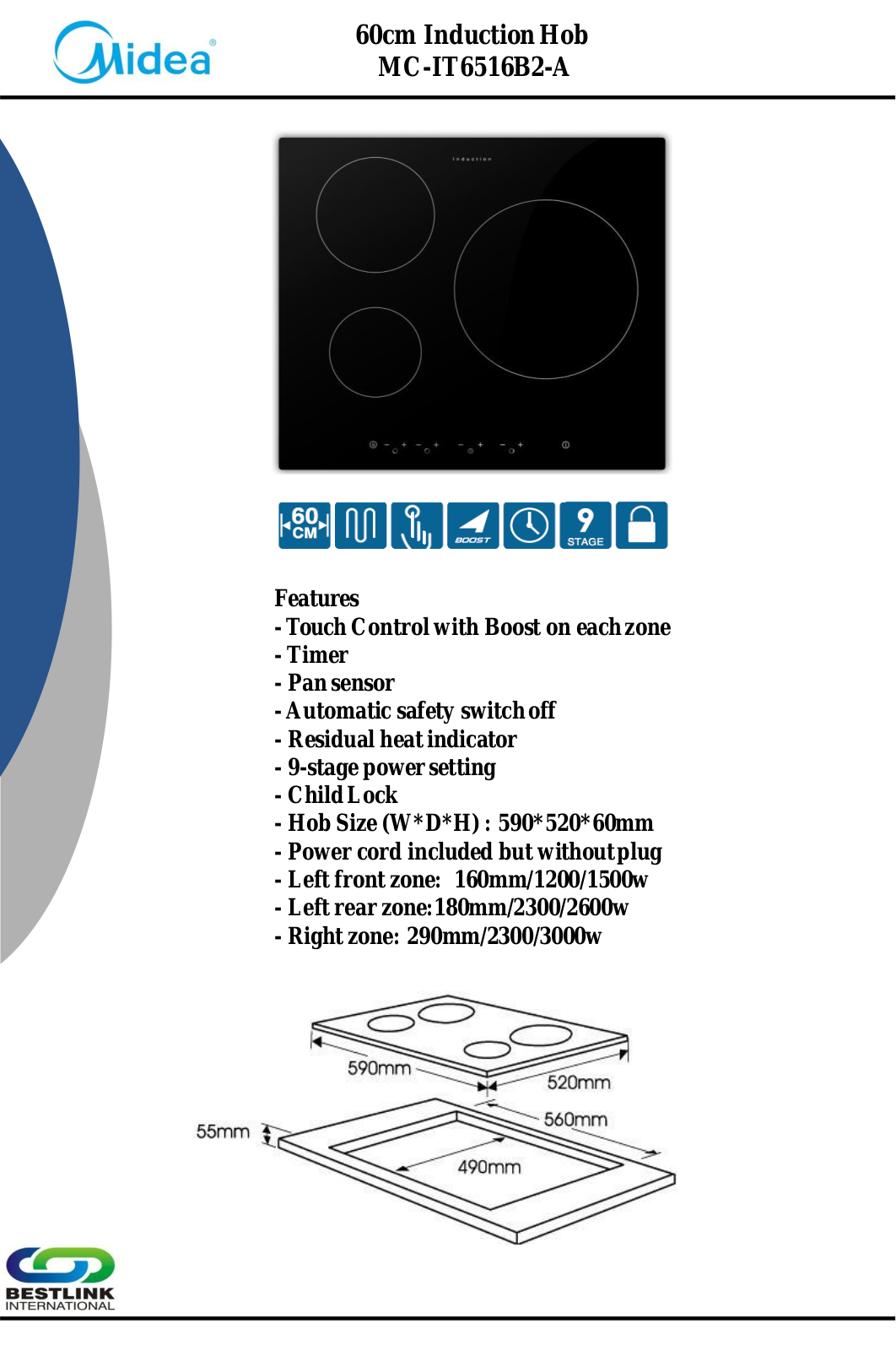 Midea MC-IT6516B2-A Specifications Sheet