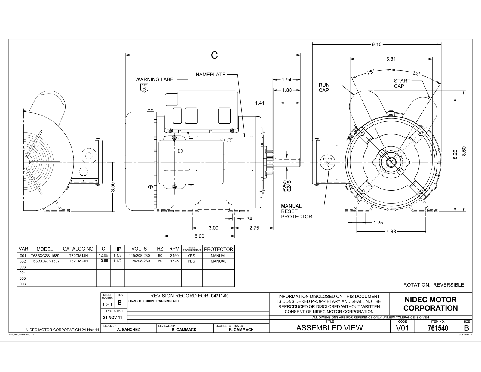 US Motors T32CM1JH, T32CM2JH Dimensional Sheet