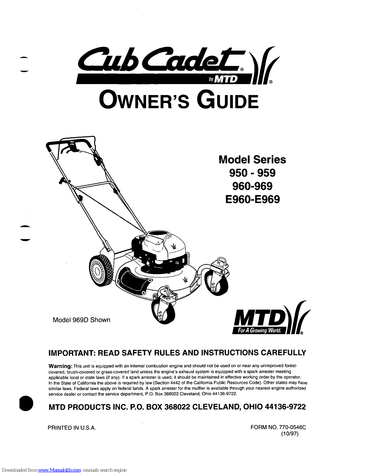 Cub Cadet 960-969, E960-E969, 950 Series, 959 Series, 960 Series Owner's Manual