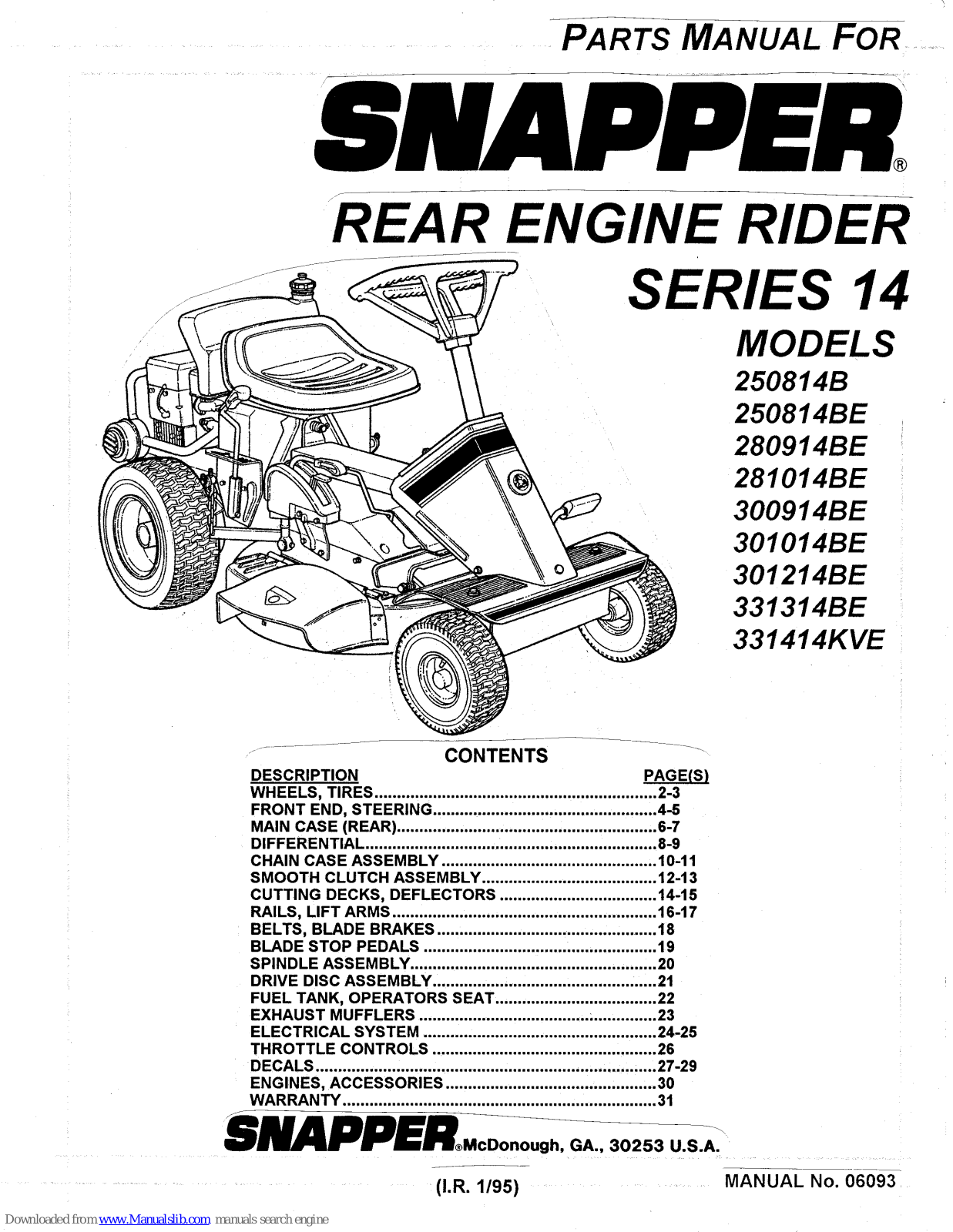 Snapper 250814BE,250814B,280914BE,281014BE,300914BE,301014BE,301214BE,331314BE,331414KVE Parts Manual