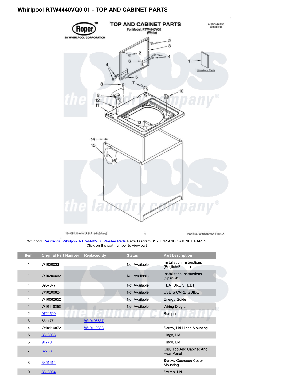 Whirlpool RTW4440VQ0 Parts Diagram