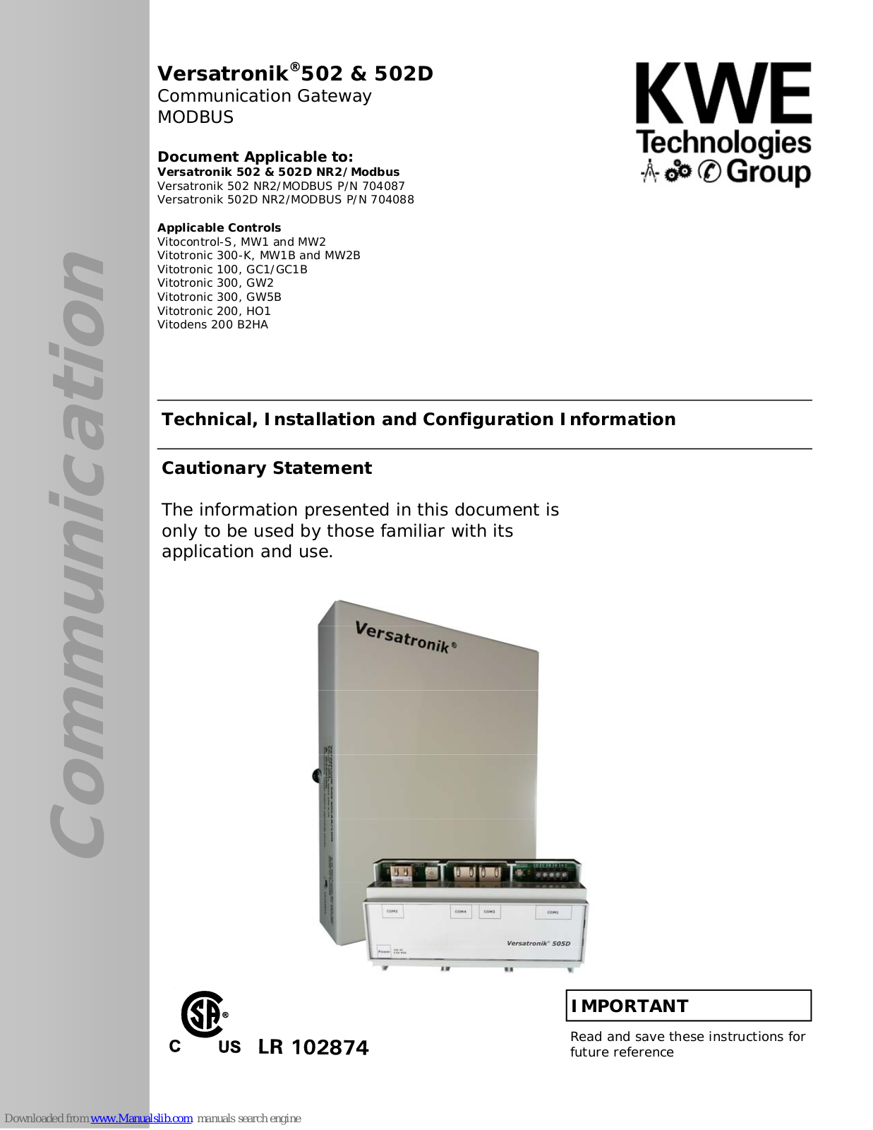 KWE Versatronik 502, Versatronik 502D Technical, Installation And Configuration Information