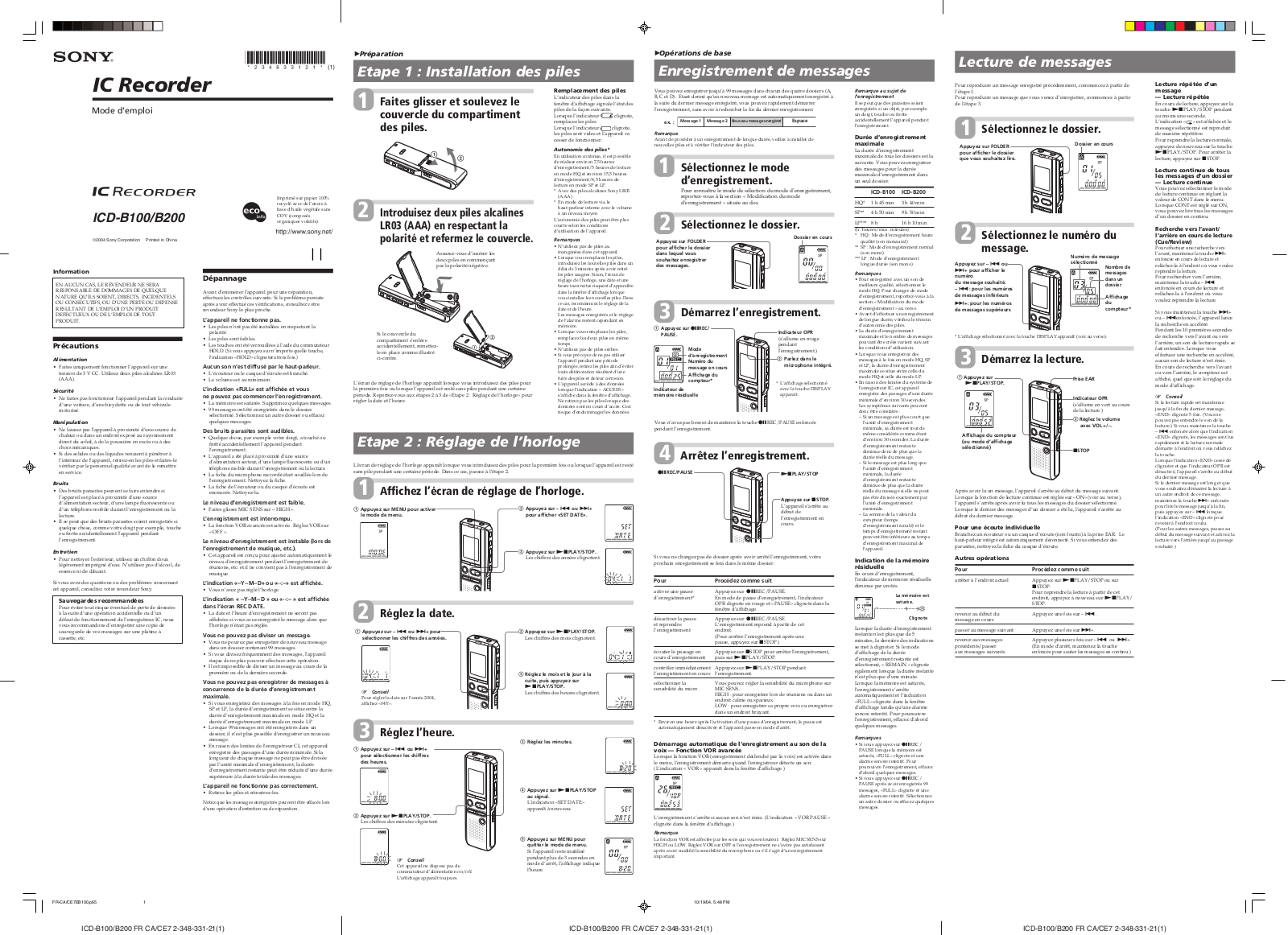 SONY ICD-B200 User Manual