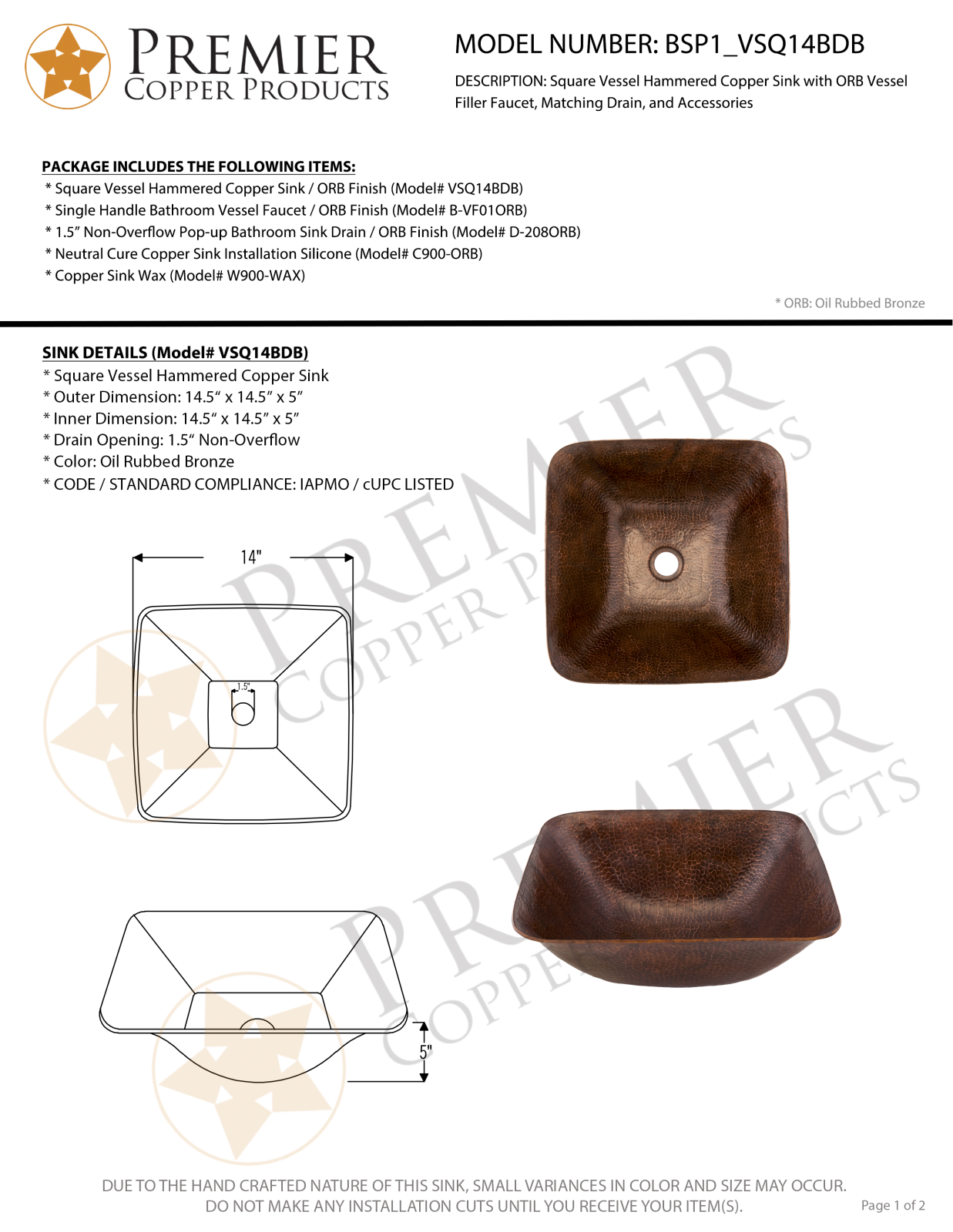 Premier Copper Products IER1442 Specifications - ManualMachine.com