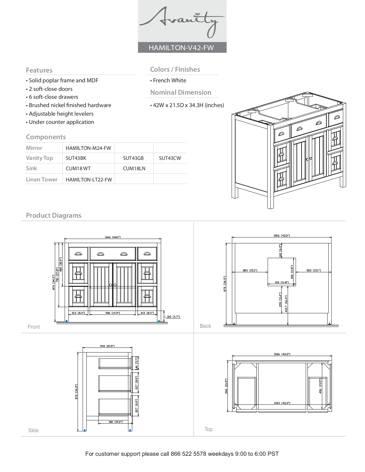 Avanity HAMILTONV42FW, HAMILTONVS42FWC, HAMILTONVS42FWB, HAMILTONVS42FWA Specifications