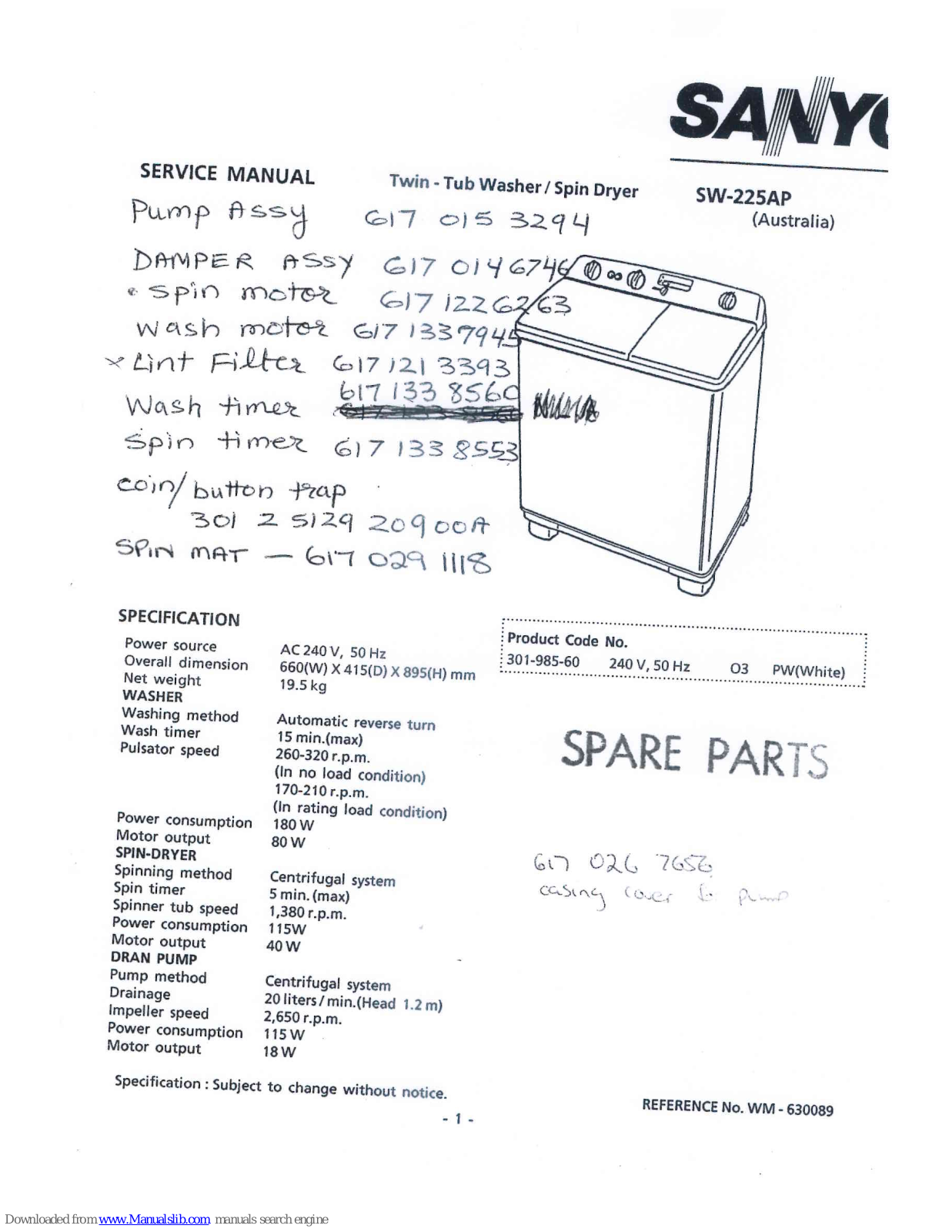 Sanyo SW-225AP Service Manual