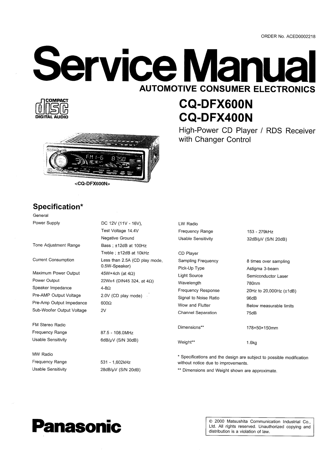 PANASONIC CQ DFX600N, CQ DFX400N Service Manual