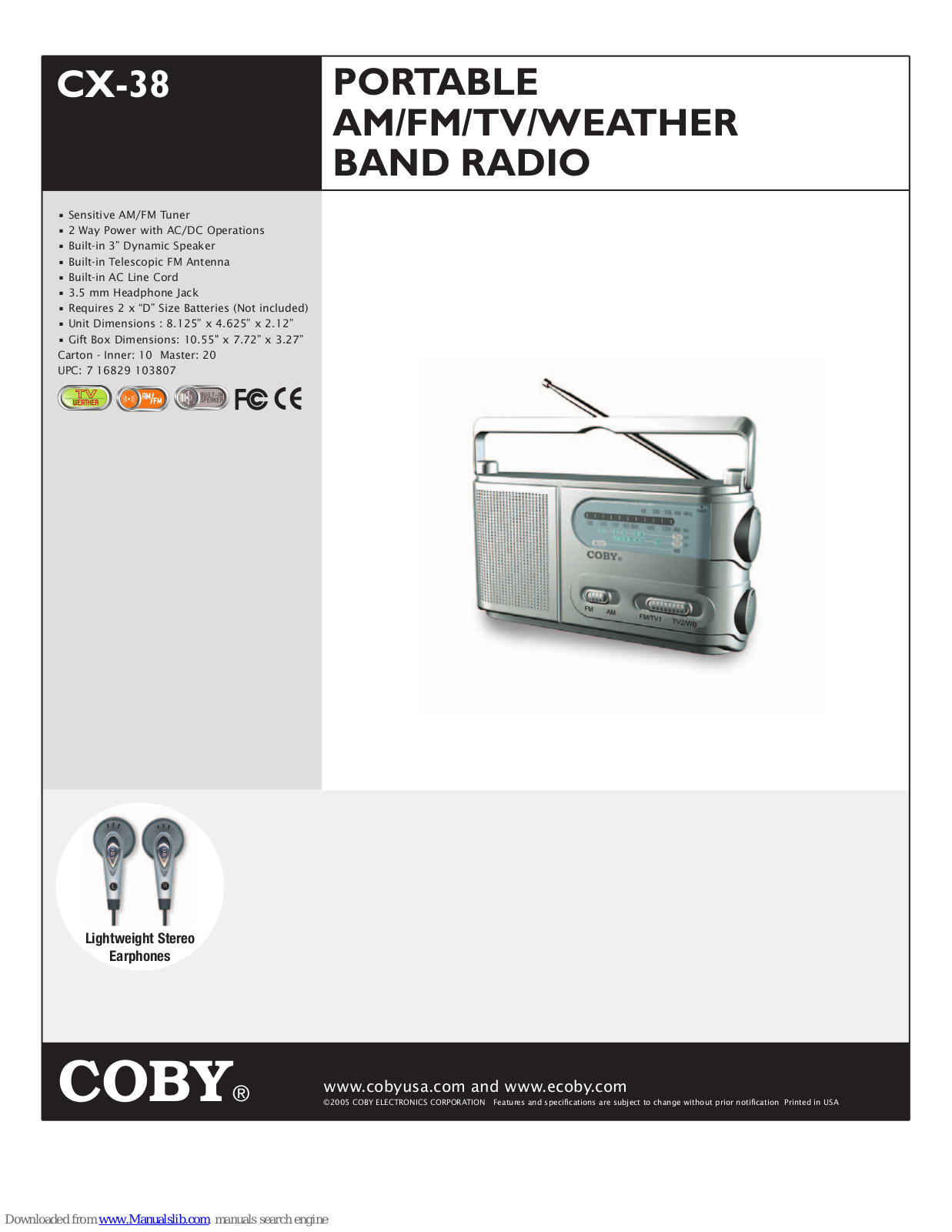 Coby CX 38 - Portable Radio Specifications