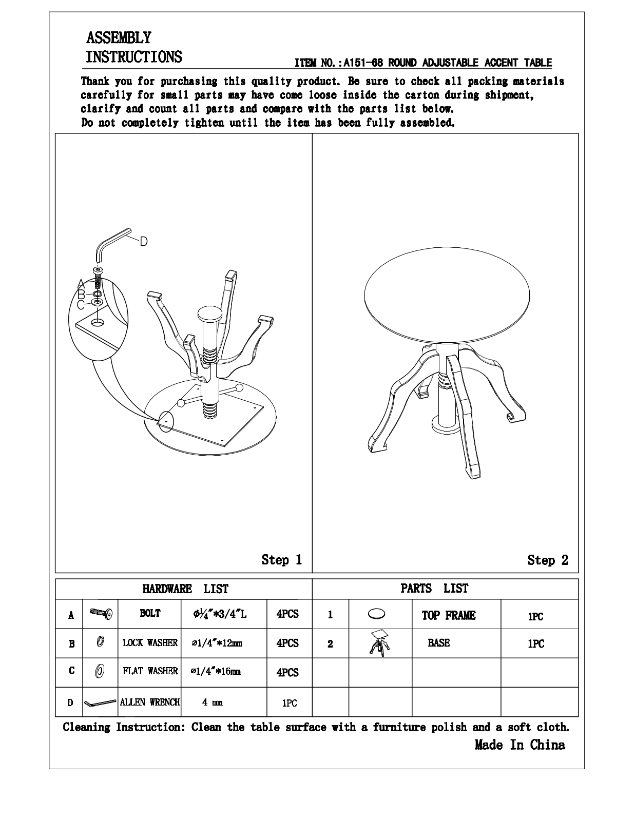 Progressive Furniture A15168 Assembly Guide