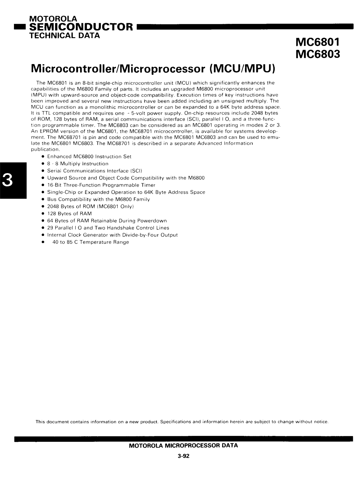 MOTOROLA MC6801, MC6803 Technical data