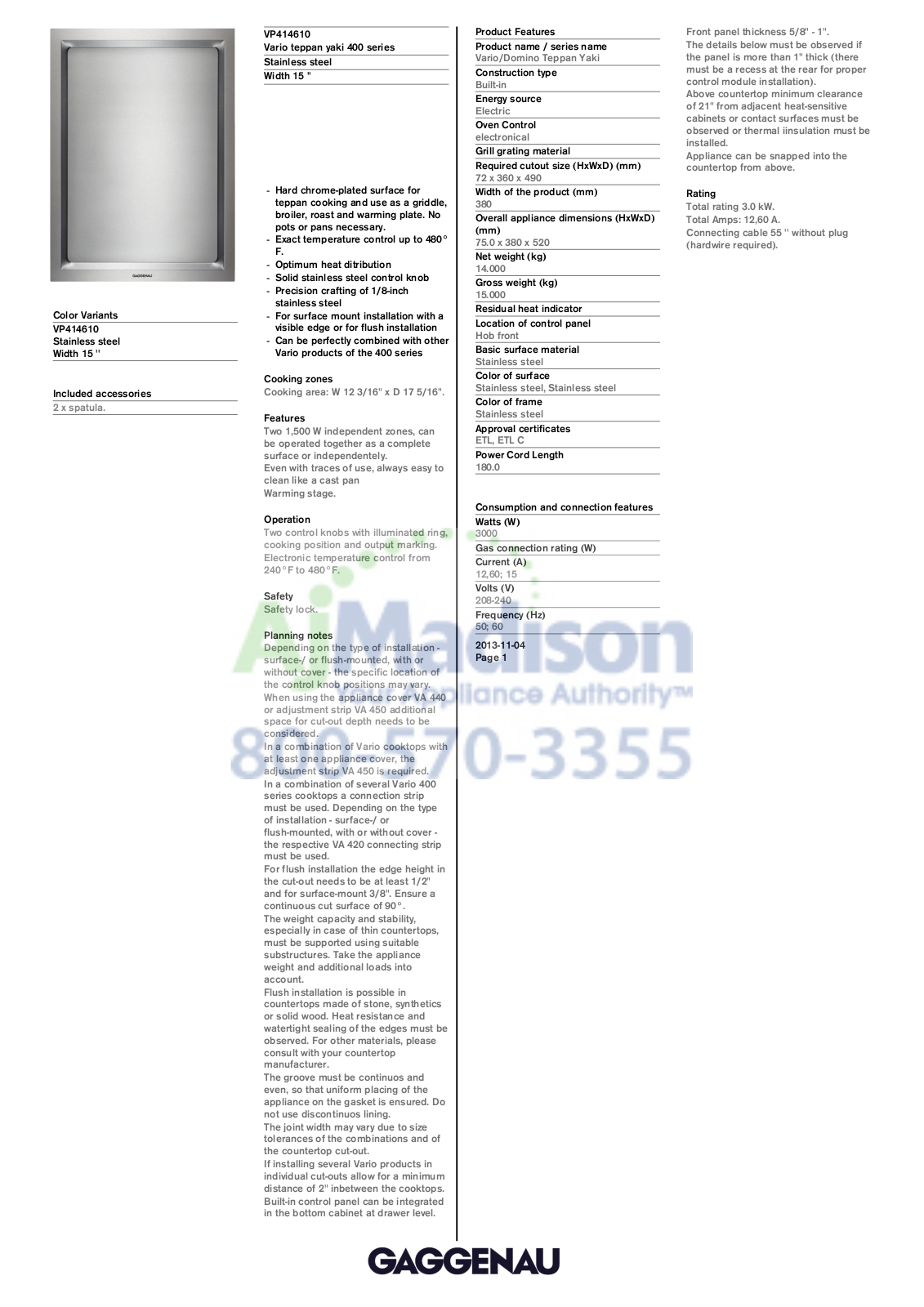 Gaggenau VP414610 Specs