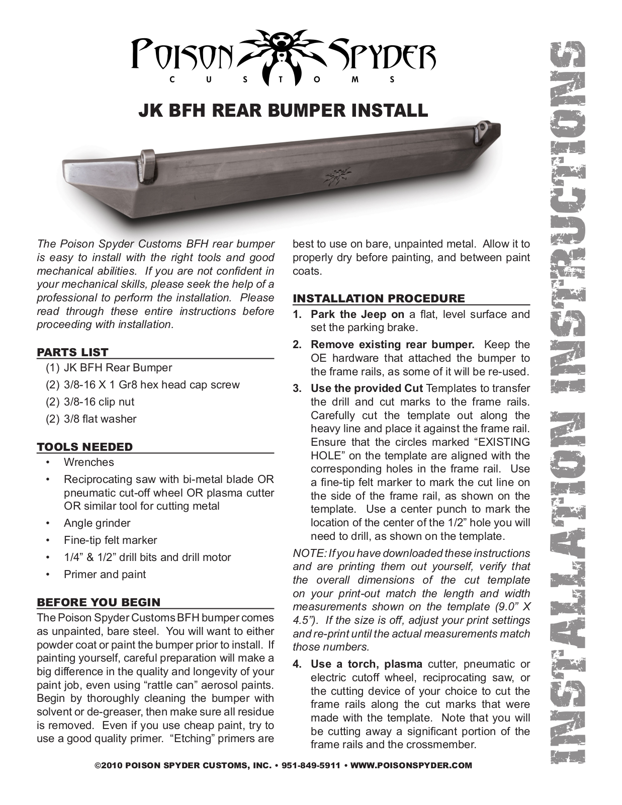 Poison Spyder JK BFH REAR BUMPER User Manual