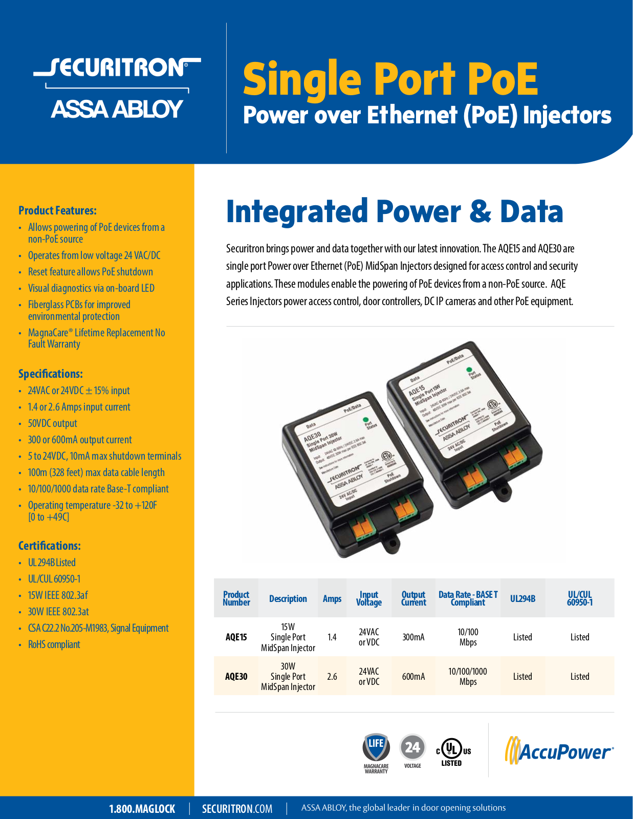 Securitron AQE15, AQE30 Specsheet