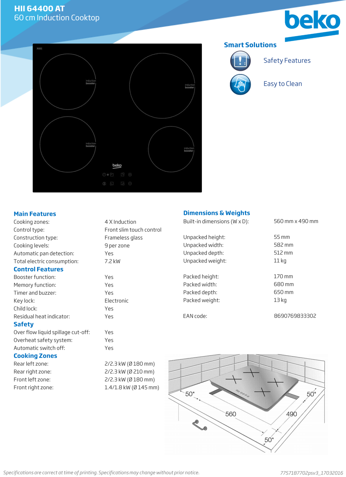 Beko HII64400AT Specifications Sheet