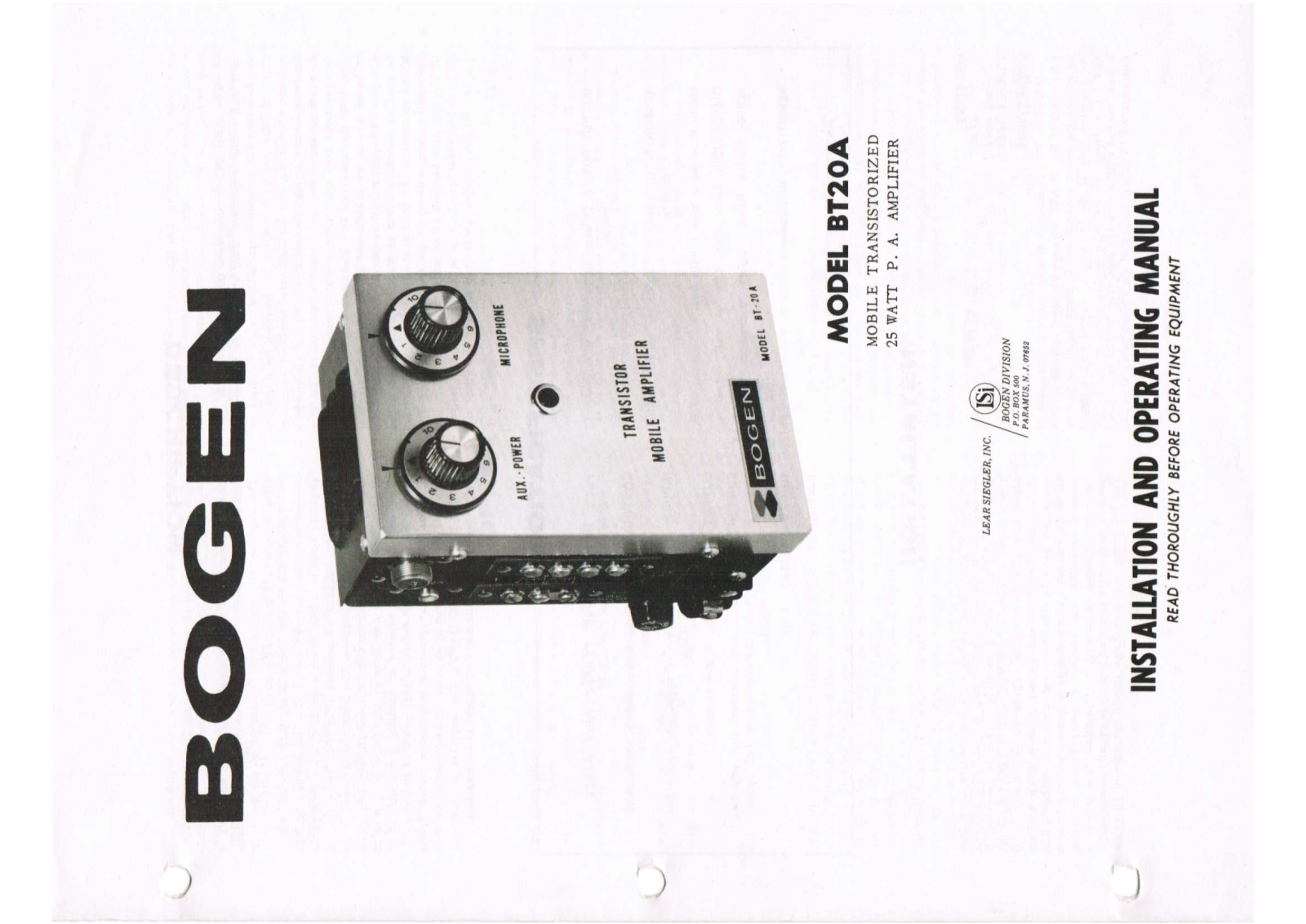 Bogen BT20A Operating Manual