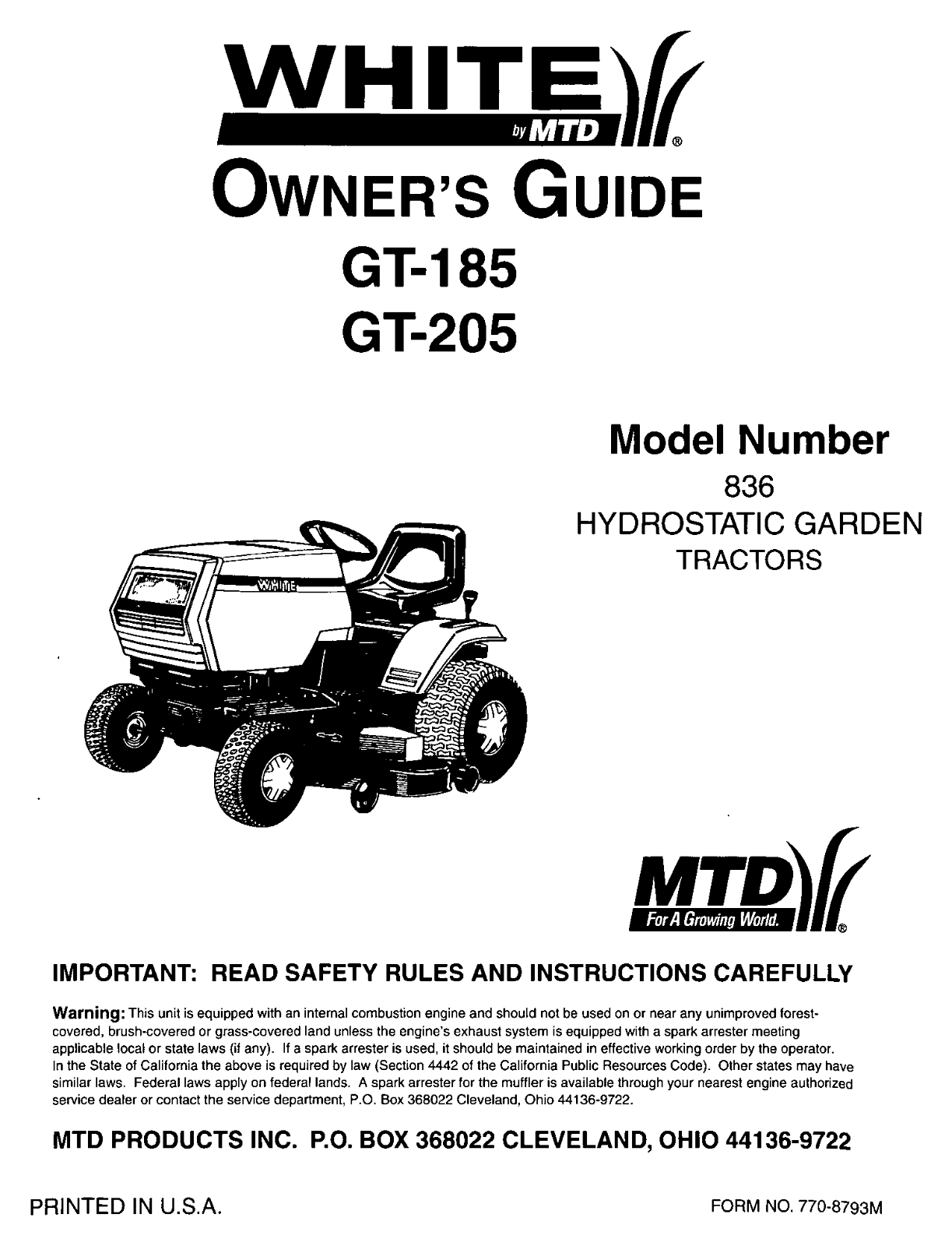 MTD GT-205, GT-185 User Manual