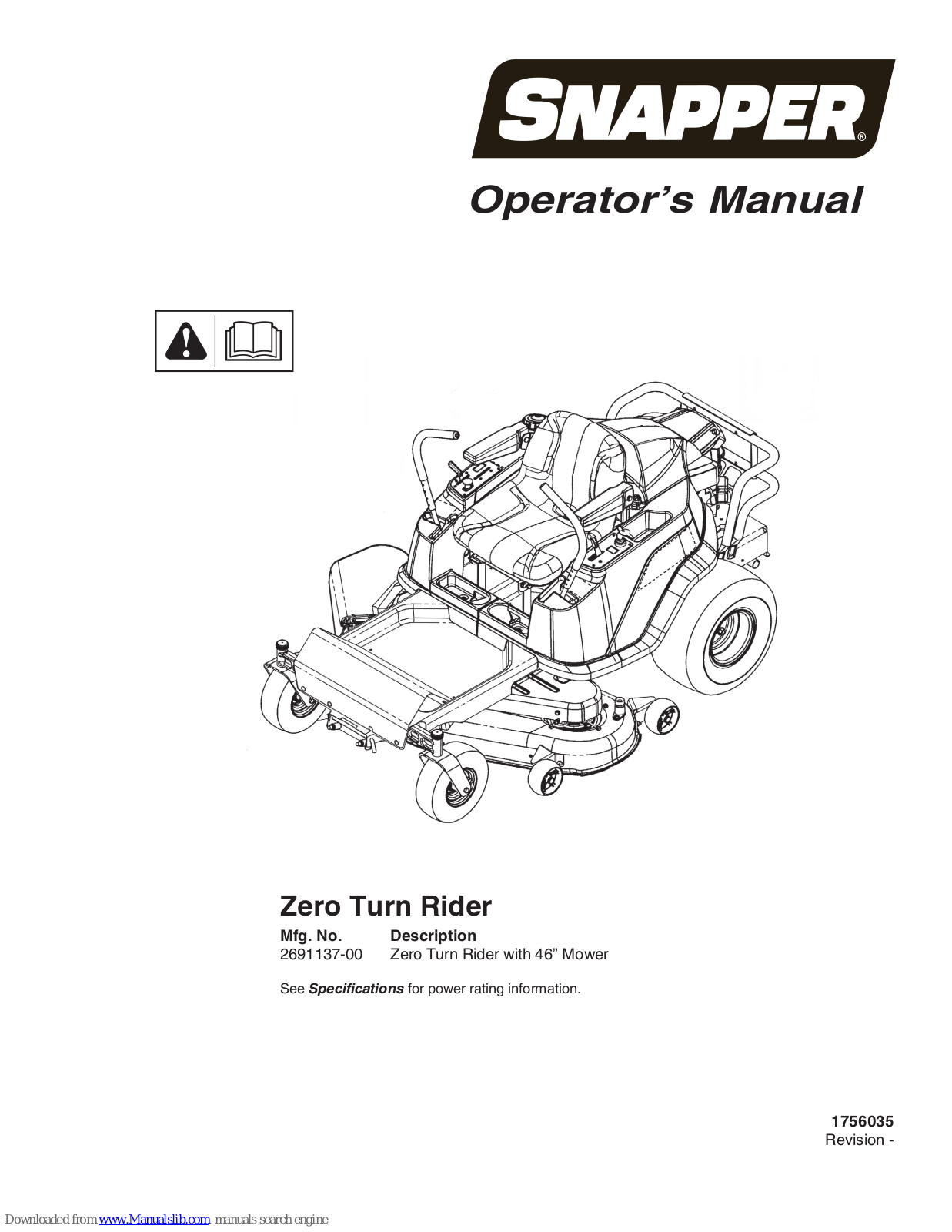 Snapper Zero Turn Rider, 2691137-00 Operator's Manual