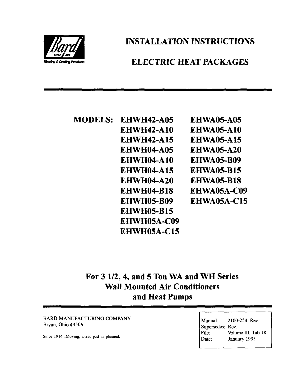 Bard EHWH04-A05, EHWH42-A10, EHWHA05-A10, EHWHA05-A15, EHWH04-A15 User Manual