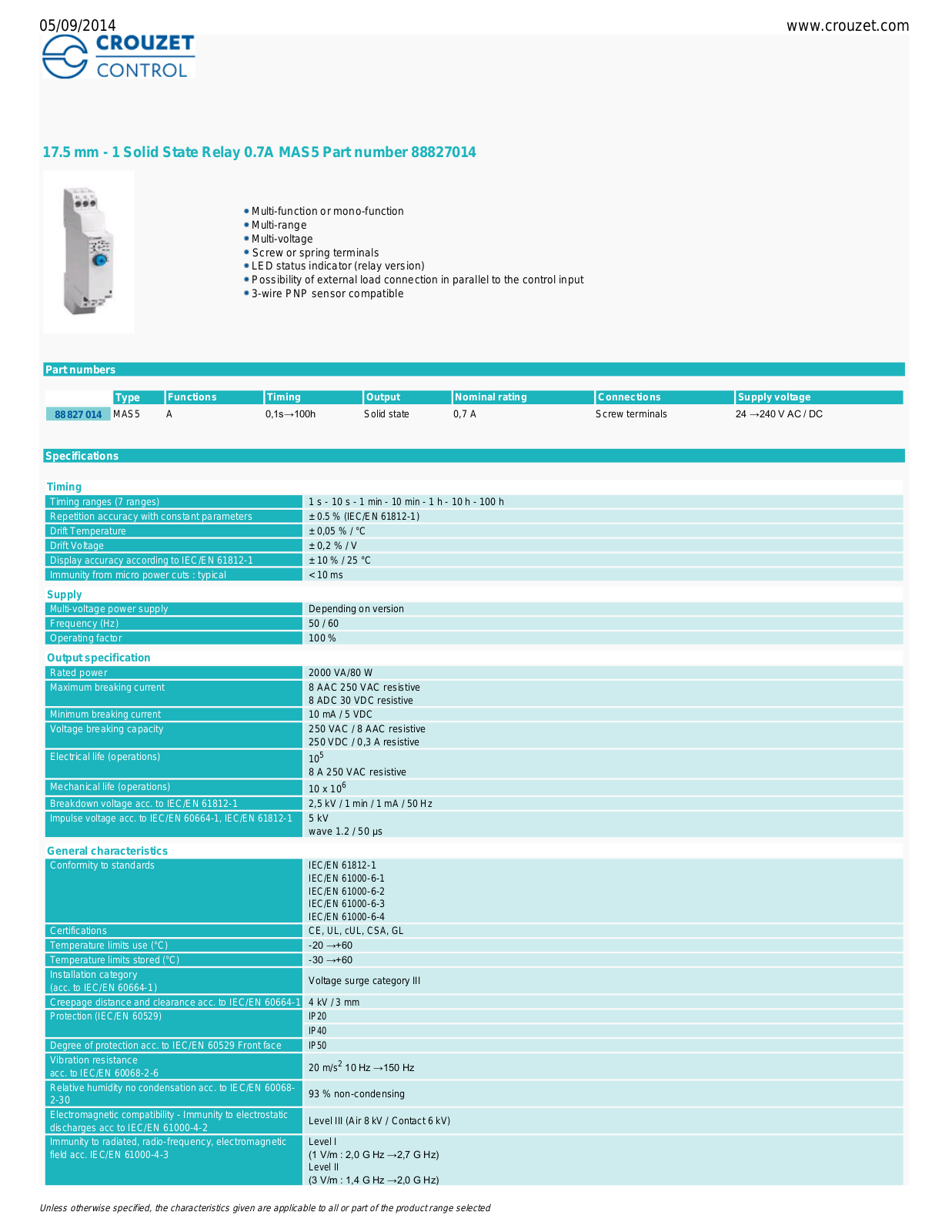 Crouzet 88827014 Data Sheet