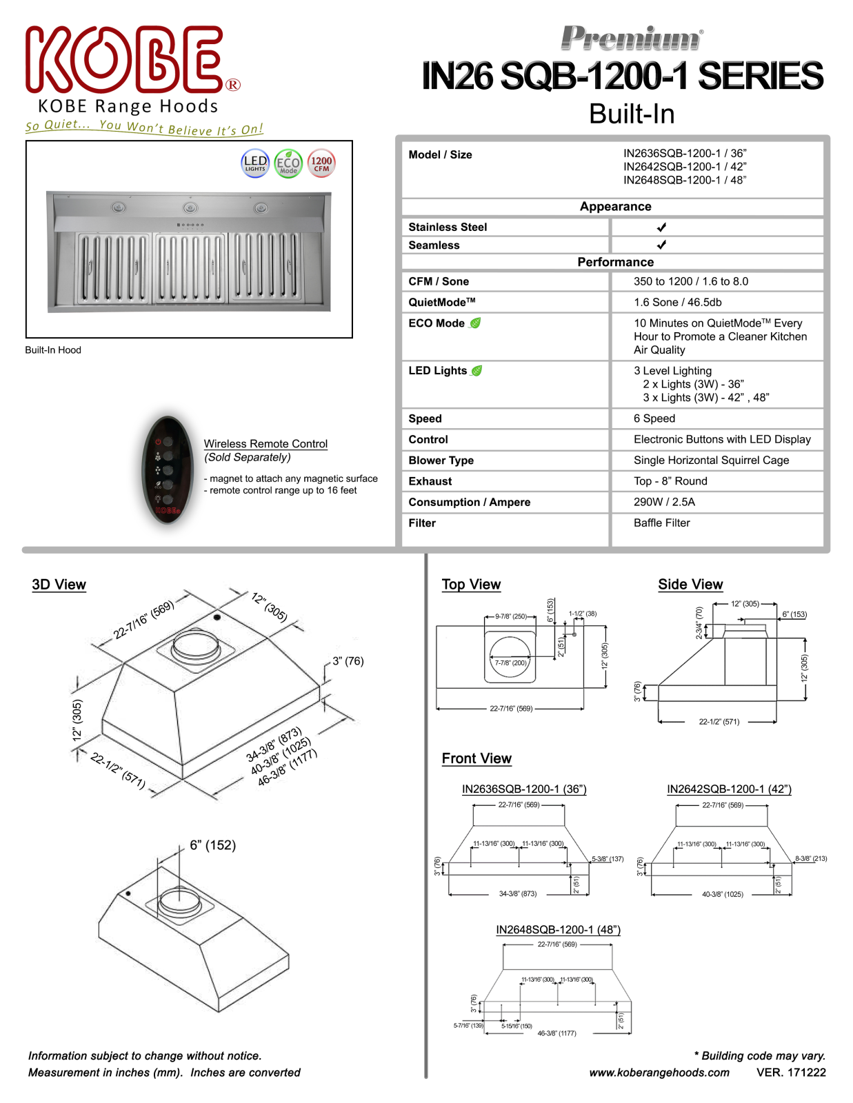 Kobe IN2648SQB12001 Specifications