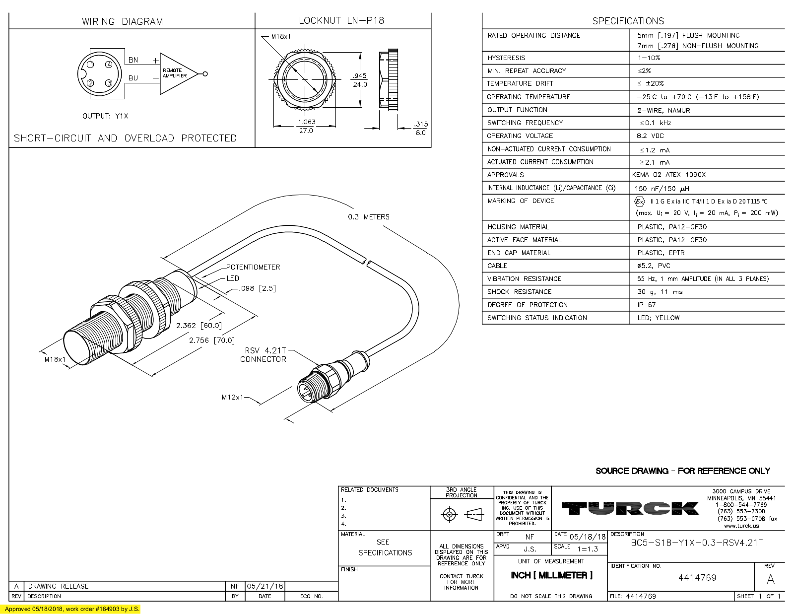 Turck BC5-S18-Y1X-0.3-RSV4.21T Data Sheet