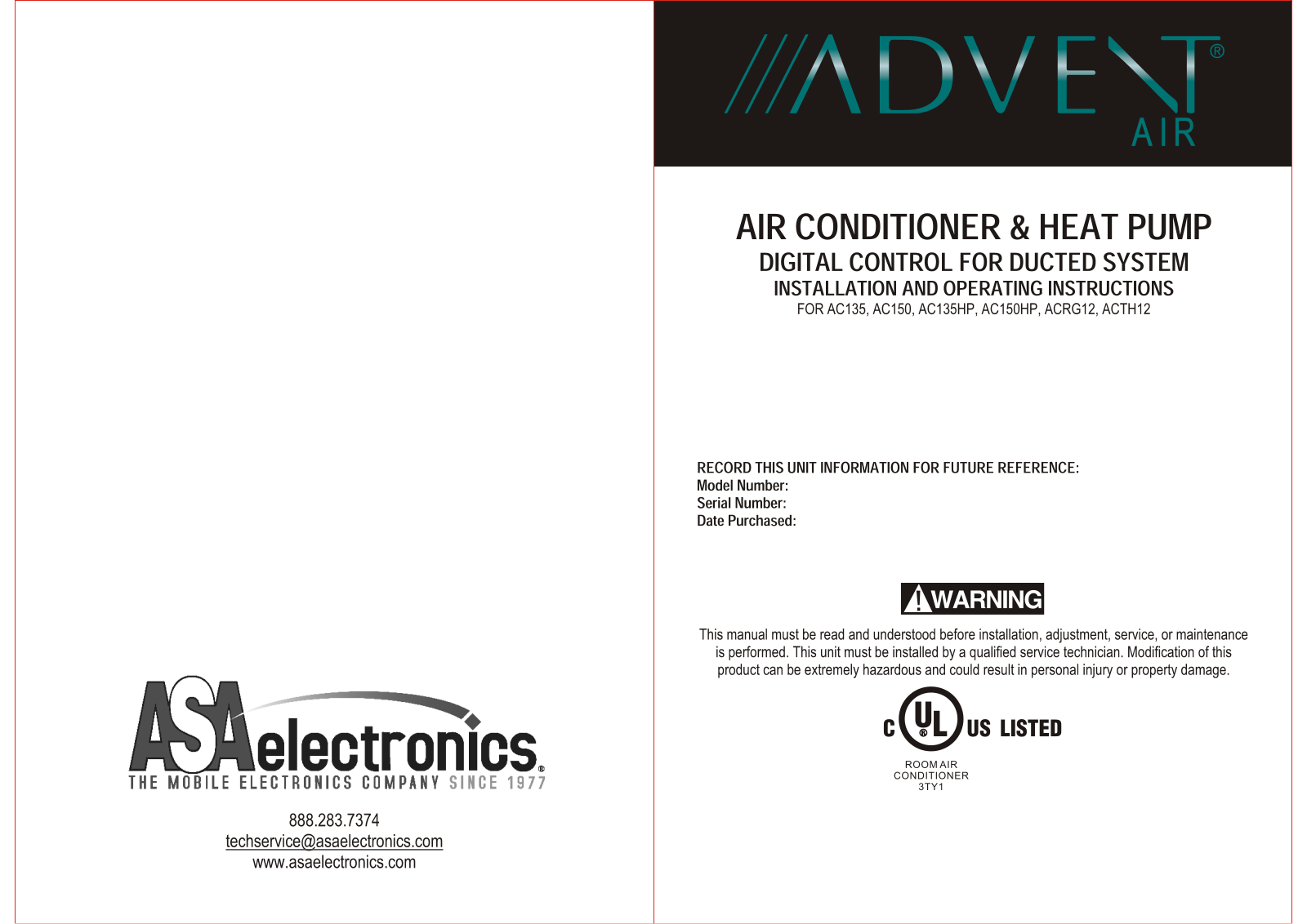 Advent ACRG12, AC150, AC150HP, AC135HP, AC135 User Manual