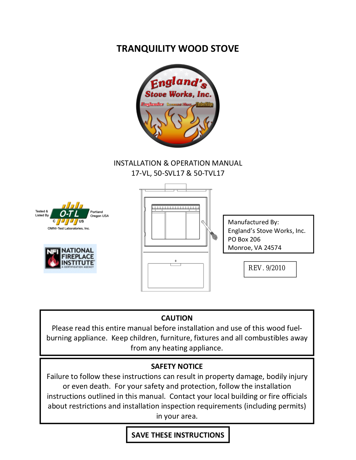 England's Stove Works 50SVL17, 50TVL17, 17VL User Manual