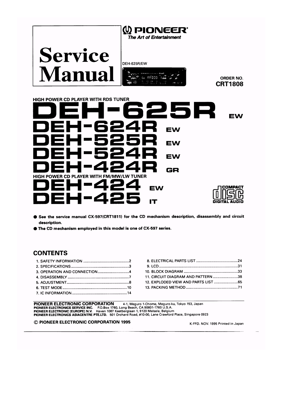 Pioneer DEH-424, DEH-425, DEH-424-R, DEH-524-R, DEH-525-R Service manual