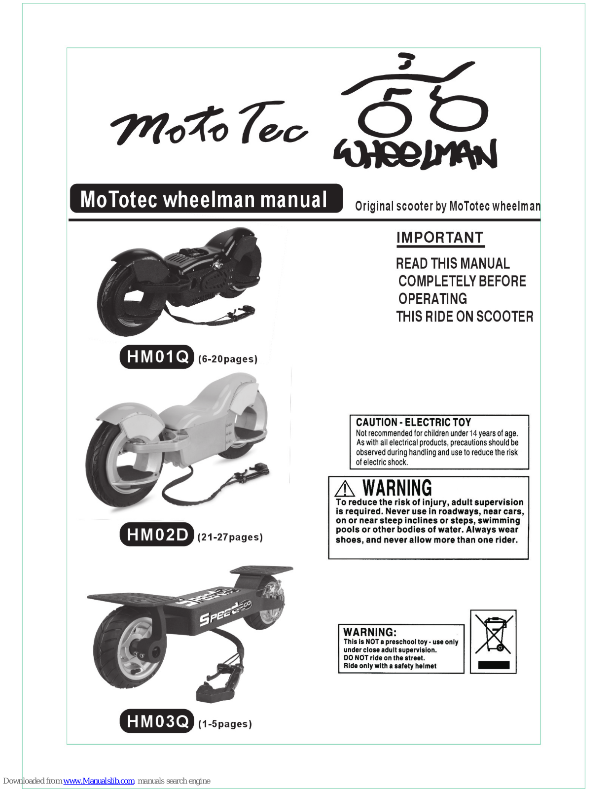 MotoTec Wheelman HM01Q, Wheelman HM02D, Wheelman HM03Q User Manual