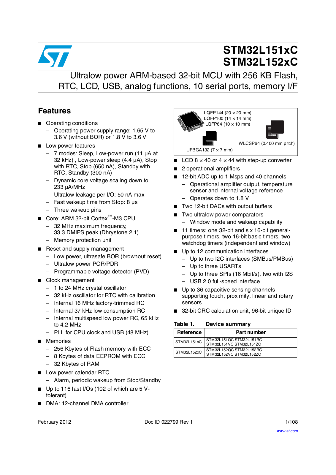 ST STM32L151QC, STM32L151RC, STM32L151VC, STM32L151ZC, STM32L152QC User Manual