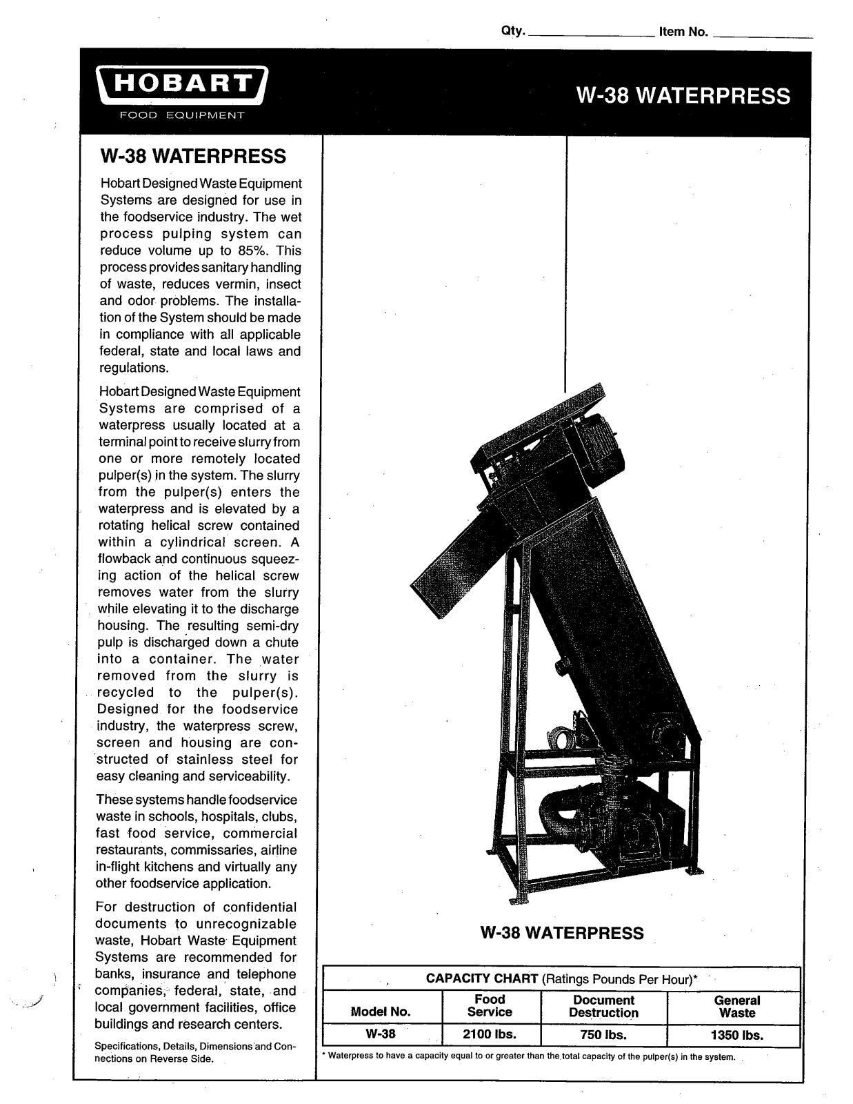 Hobart Food Machines W38 User Manual