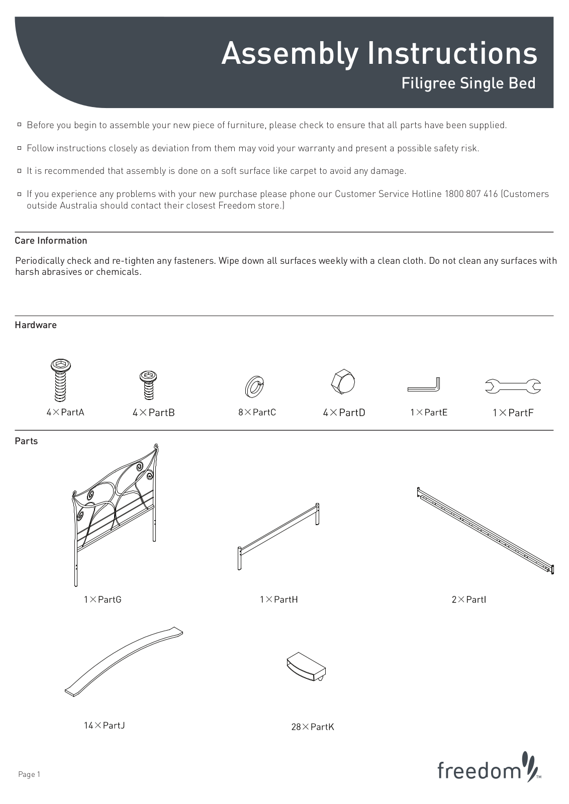 Freedom Filigree Single Bed Assembly Instruction