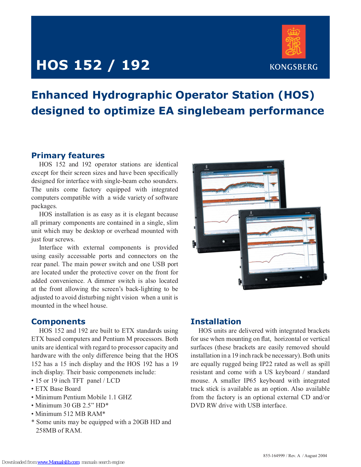 Kongsberg HOS 152, HOS 192 Datasheet