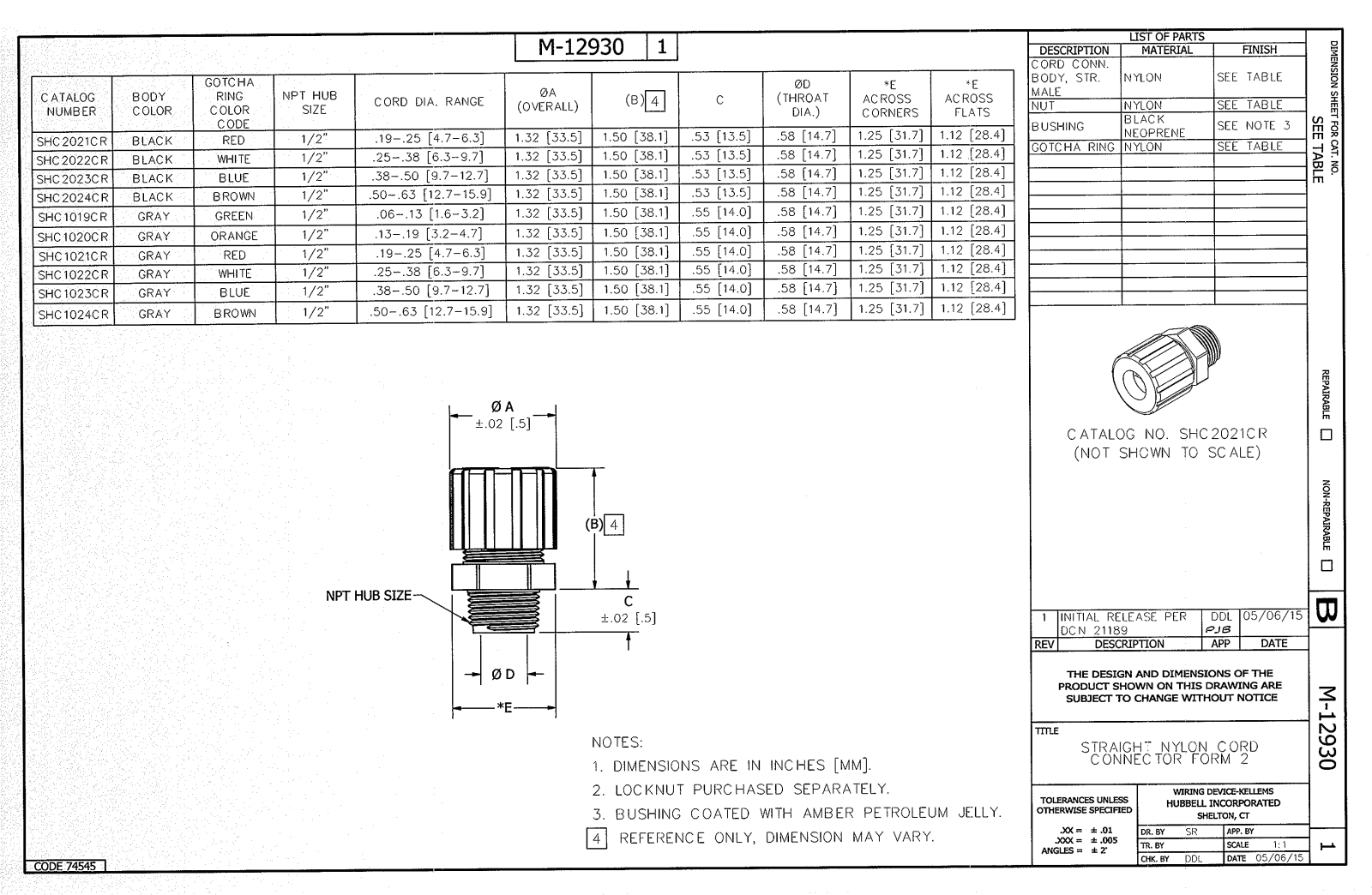 Hubbell SHC1020CR Reference Drawing