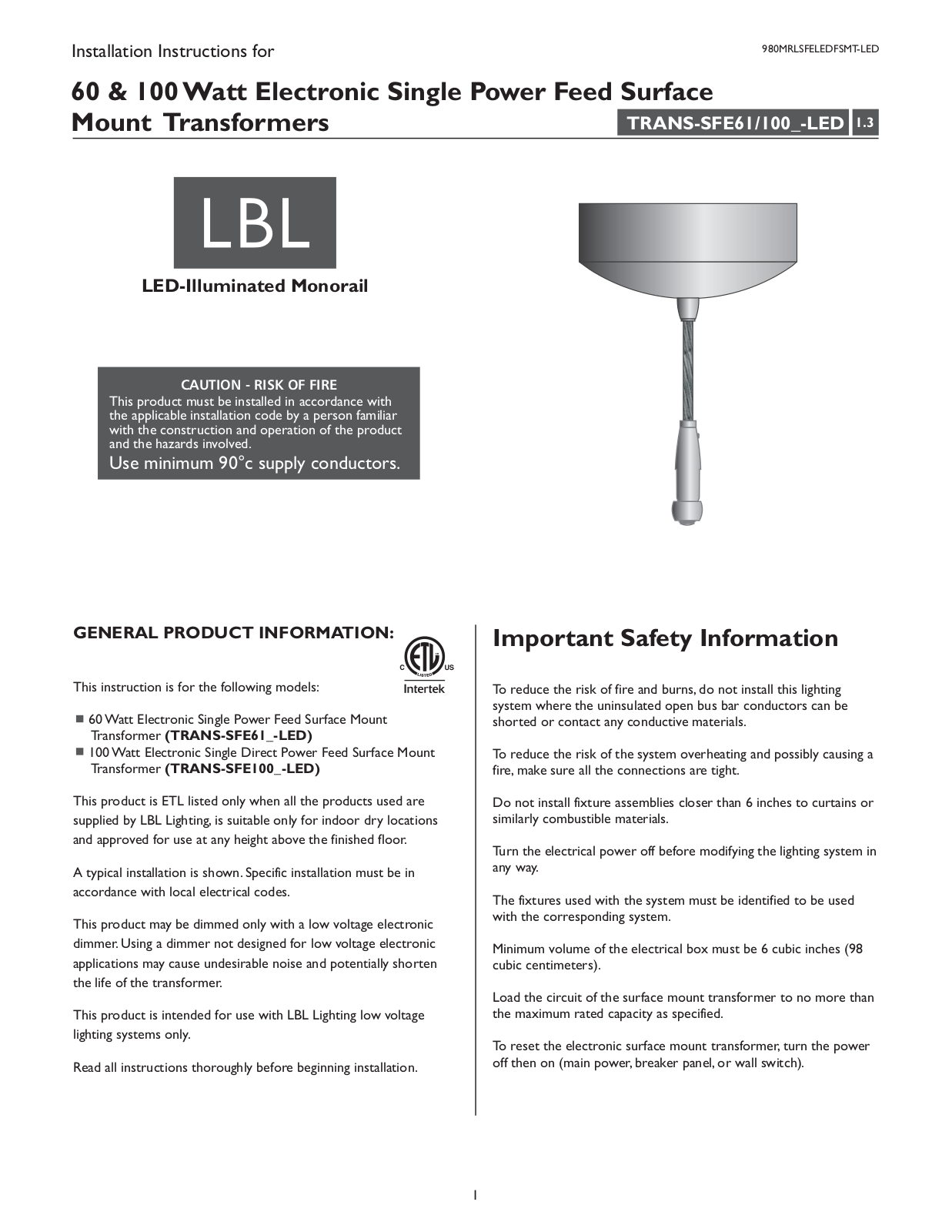 LBL Lighting LED Illum MO Surf Elec Xfmr User Manual