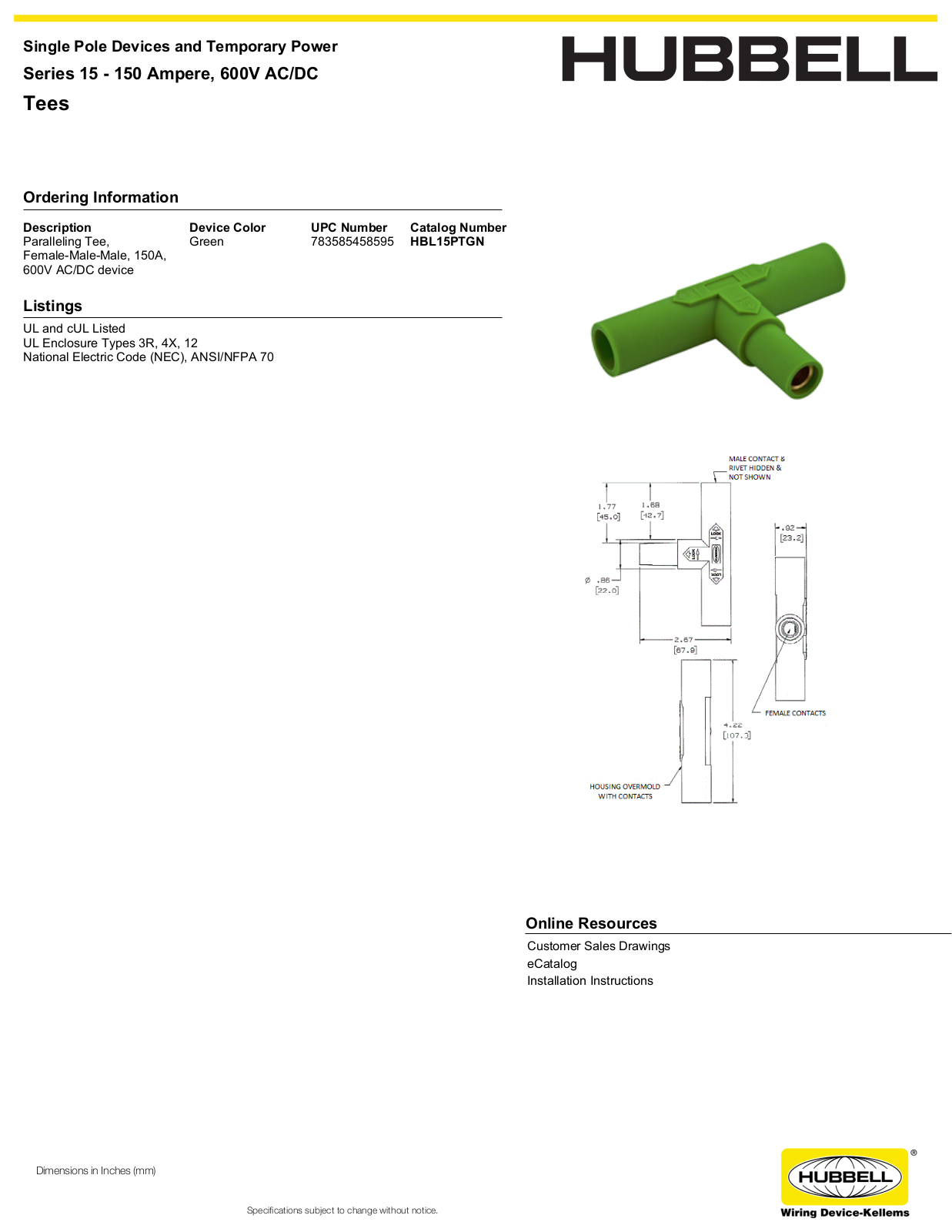 Hubbell HBL15PTGN Specifications